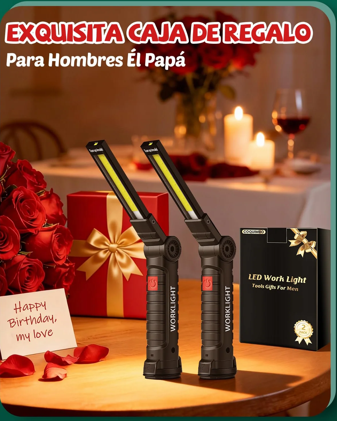 Coquimbo Regalo Hombre Linterna Taller LED Recargable, Linterna Portátil de Trabajo Lámpara de Inspección con Magnética Base y Gancho para Taller Cámping Emergencia(2 Piezas, Negro)