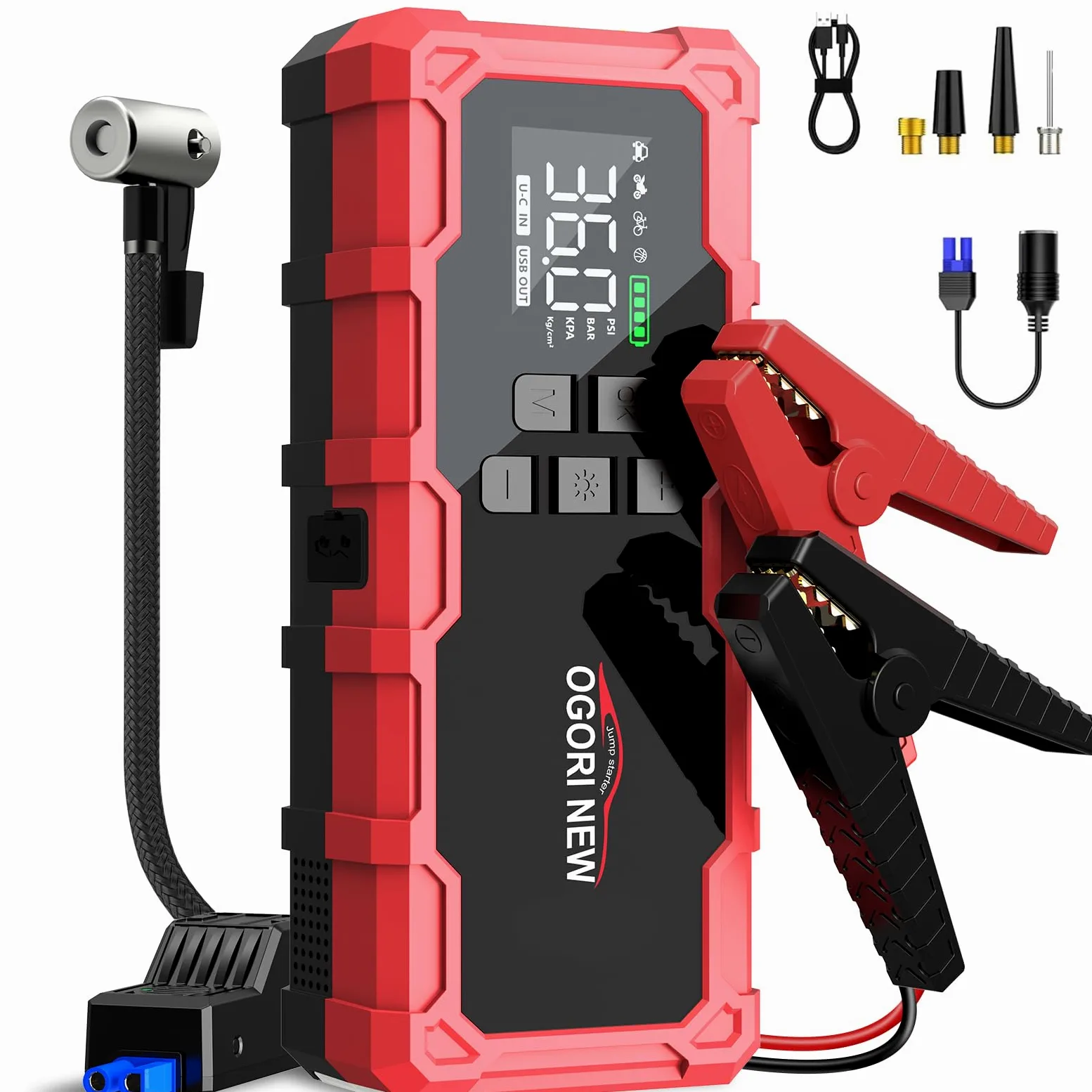 Arrancador de Coche 8000A,Arrancador de Baterias para Coche 12V con Compresor Aire Portatil(para 10L de Gasolina o 8L de Diésel),Jump Starter con Pinzas de Seguridad Inteligentes/luz LED