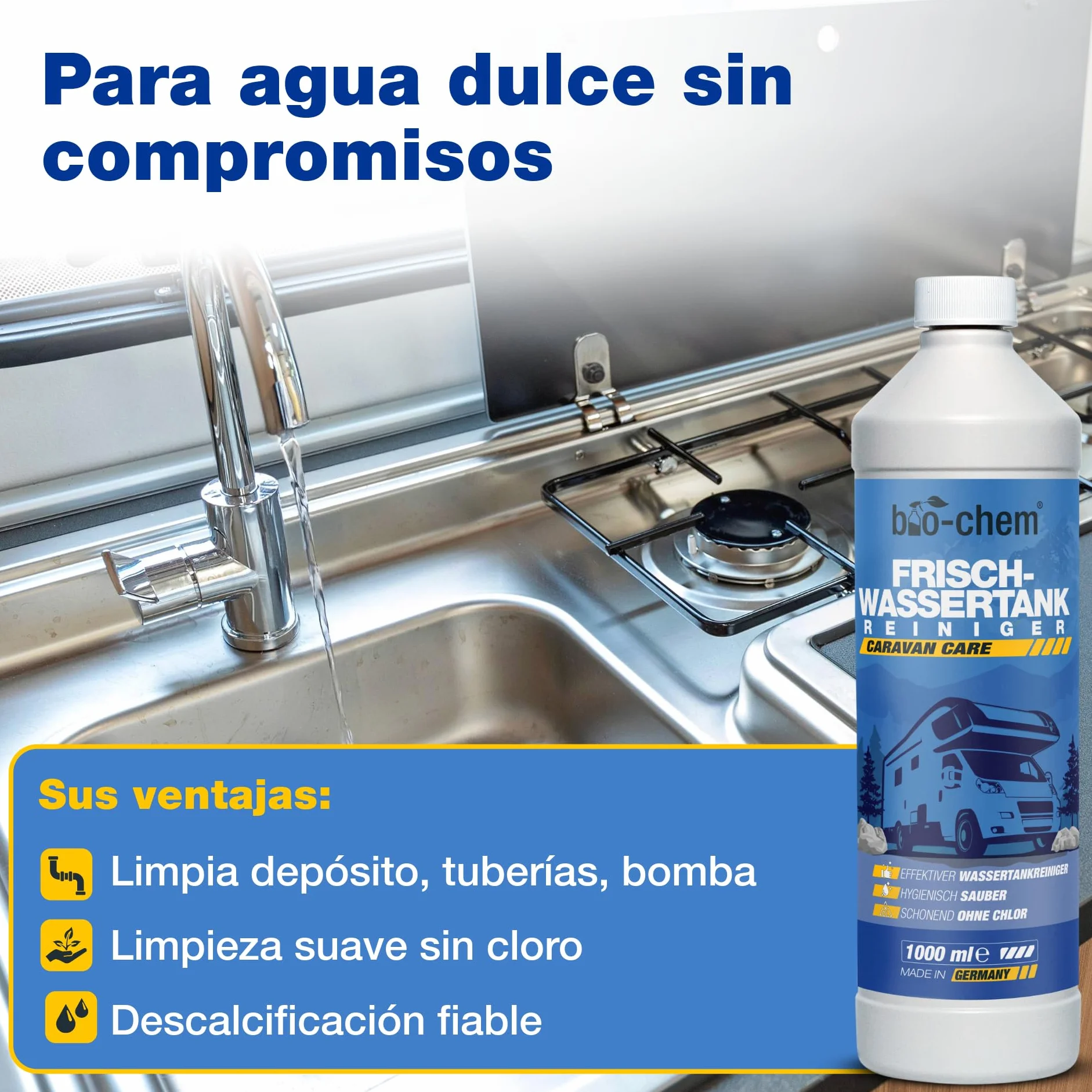 Bio-Chem - Set de 3 Productos de Limpieza para aseos higiénicos de autocaravanas - Limpiador para depósitos de Agua Dulce de caravanas - Limpiador para Aguas Grises - Líquido Sanitario