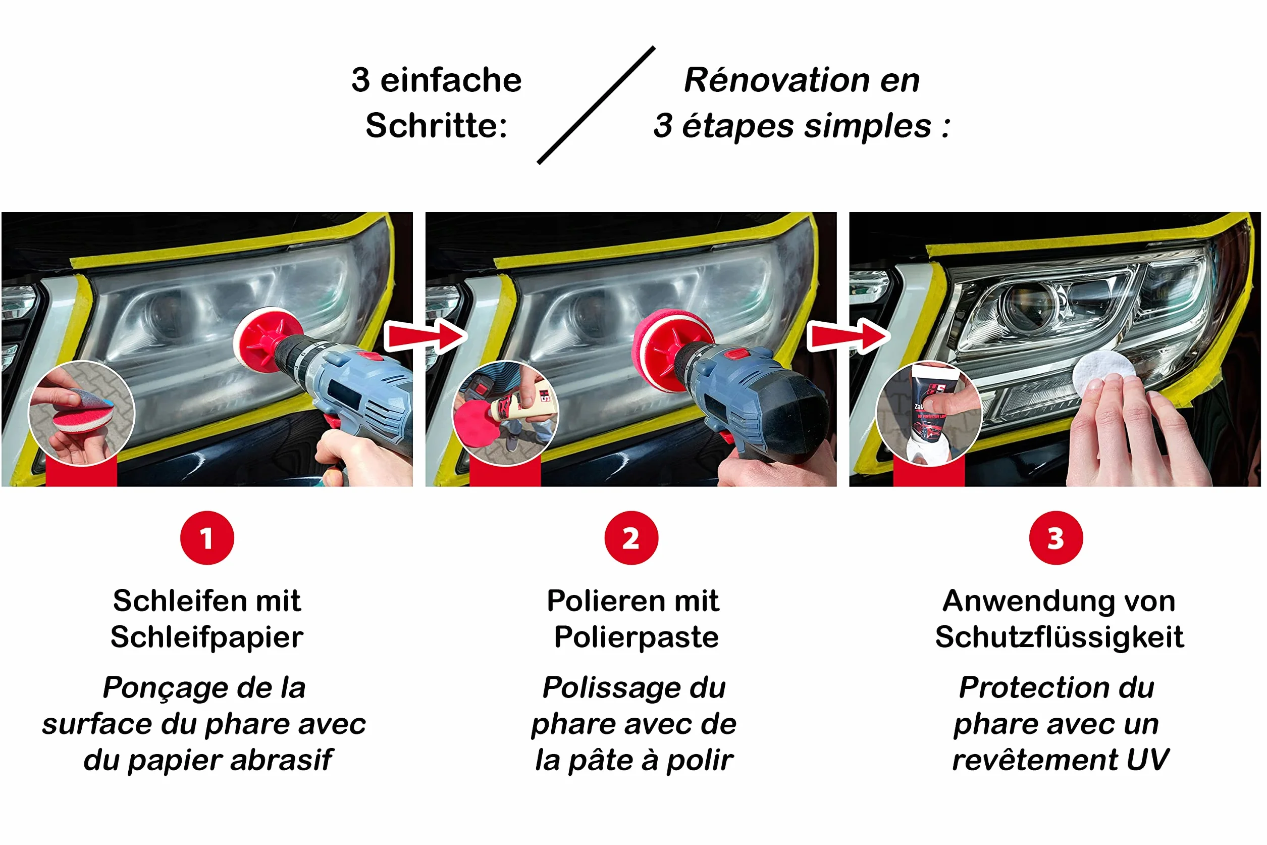 HS Pulir faros coche - Kit de polímero líquido para faros - Kit completo para restauración de faros de coche opacos y amarillentos - Kit de pulimento faros coche