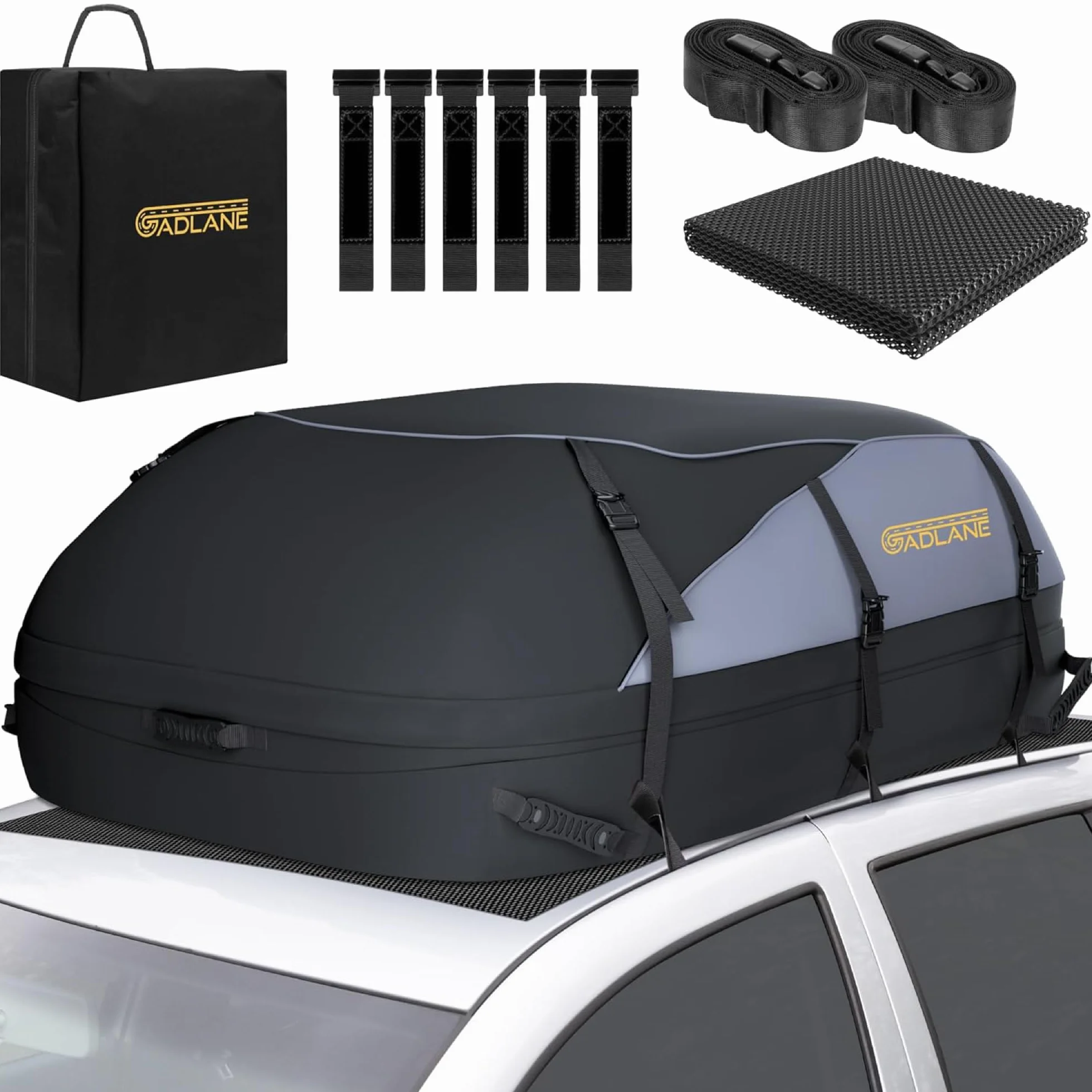 GADLANE Bolsa de Techo para Coche 550L, Impermeable, para automóviles con/sin portaequipajes con 6 Correas Resistentes, Alfombrilla Antideslizante y Bolsa de transporta para automóviles (Gris/Negro)