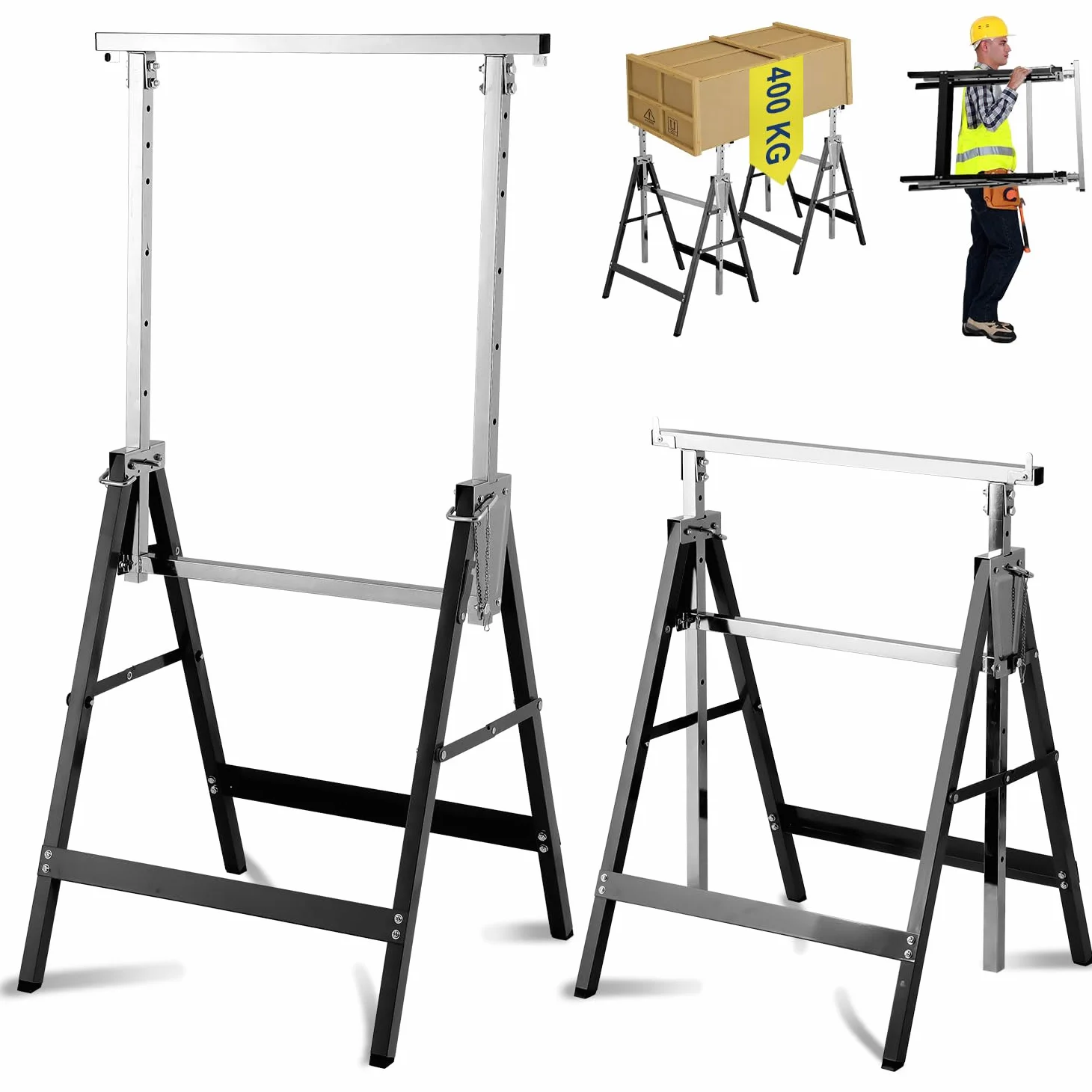Fiqops Juego de 2 caballetes de trabajo, altura regulable, capacidad de carga de 200 kg, 7 niveles de altura regulable de 80 a 130 cm, caballete plegable estable para uso versátil (negro)