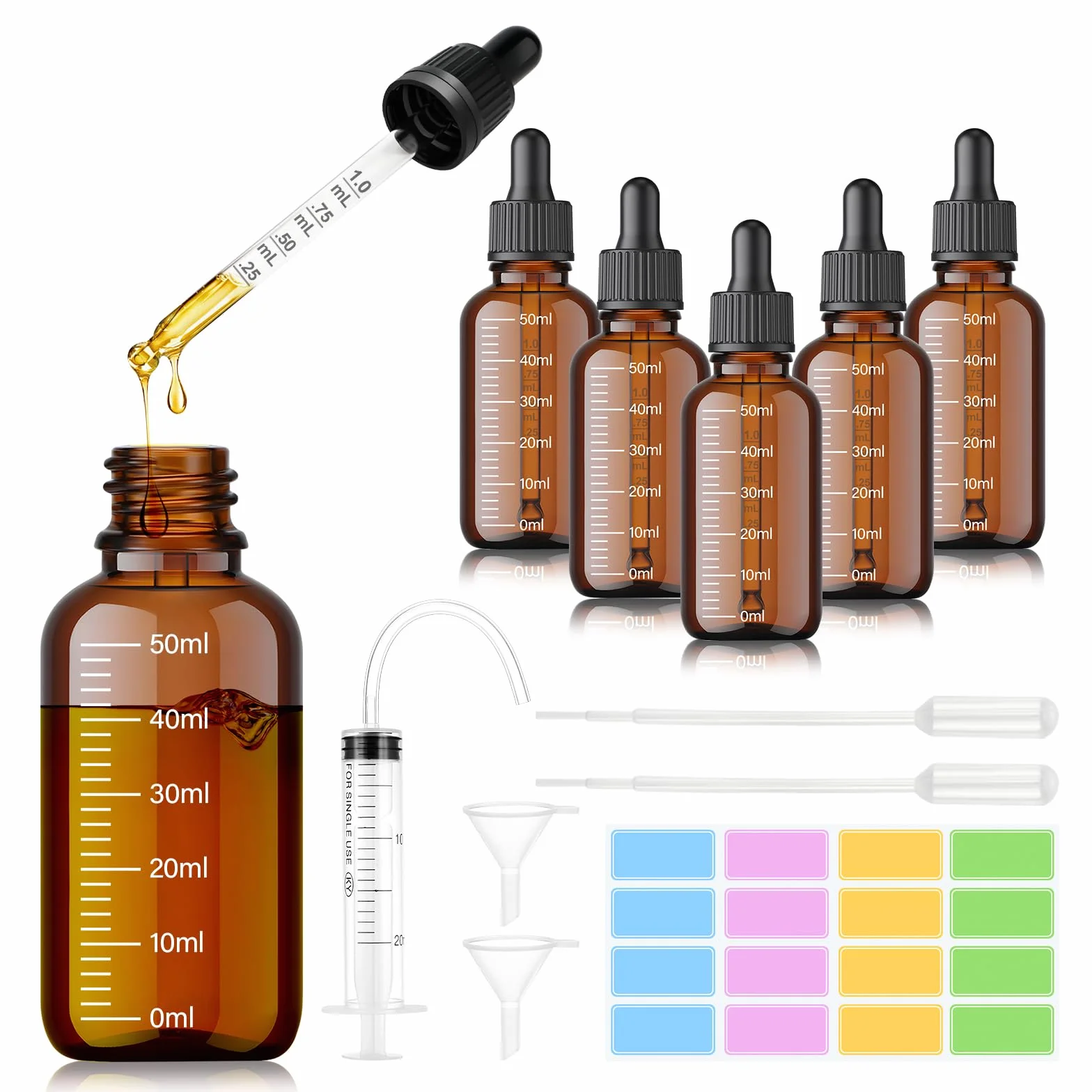 Frascos cuentagotas de vidrio marrón 50 ml, antirayos UV, para aceites esenciales, perfume, aromaterapia