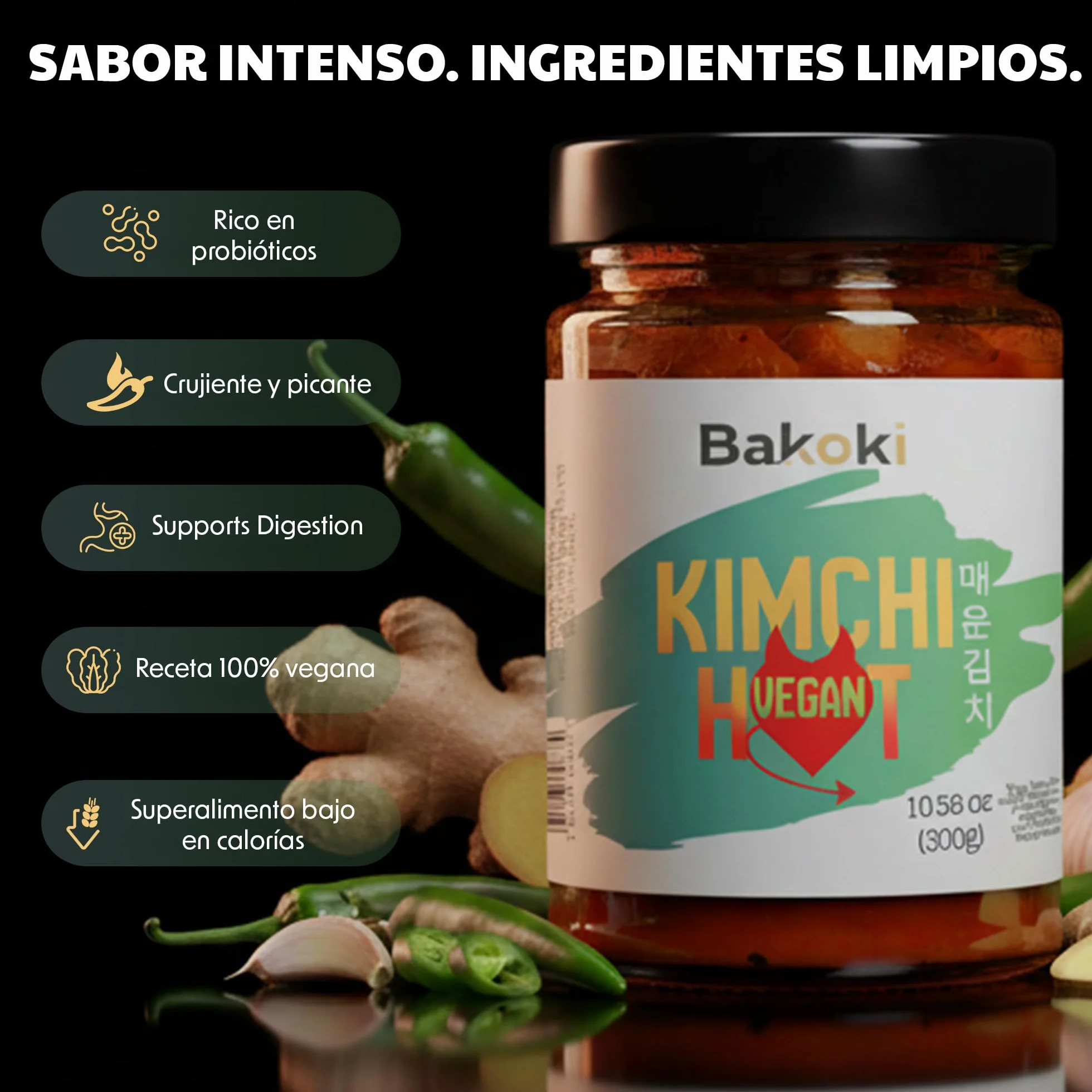 Bakoki Premium 매운 김치 Hot‑Kimchi VEGAN Gochugaru kimchi coreano picante repollo napa fermentado tradicional probiótico umami 2 x 300 g