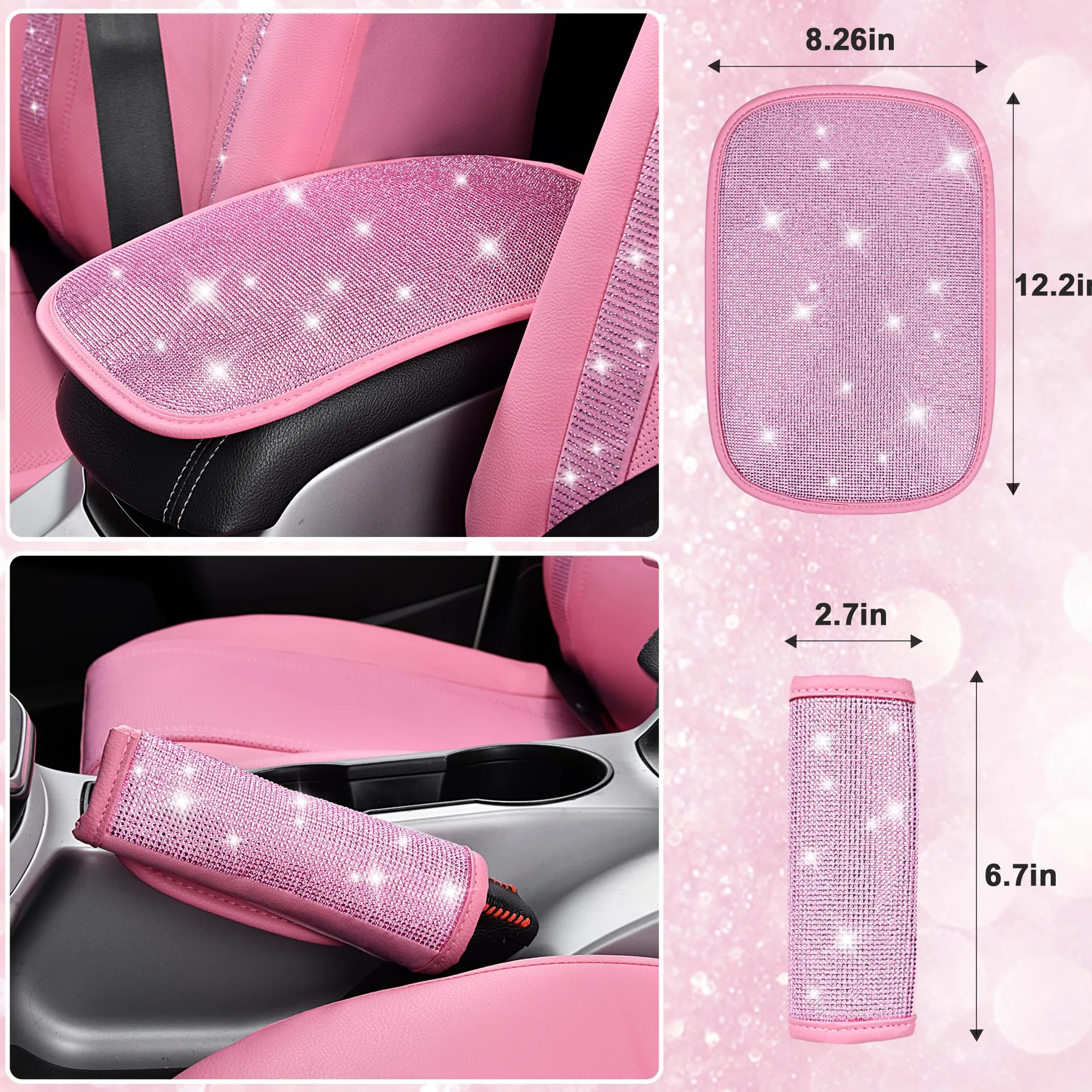 CAR PASS Juego de 24 accesorios de diamantes rosas para mujer, fundas de asiento de cuero, funda de volante de 15 pulgadas, ganchos brillantes de diamantes de imitación, posavasos, bonitas