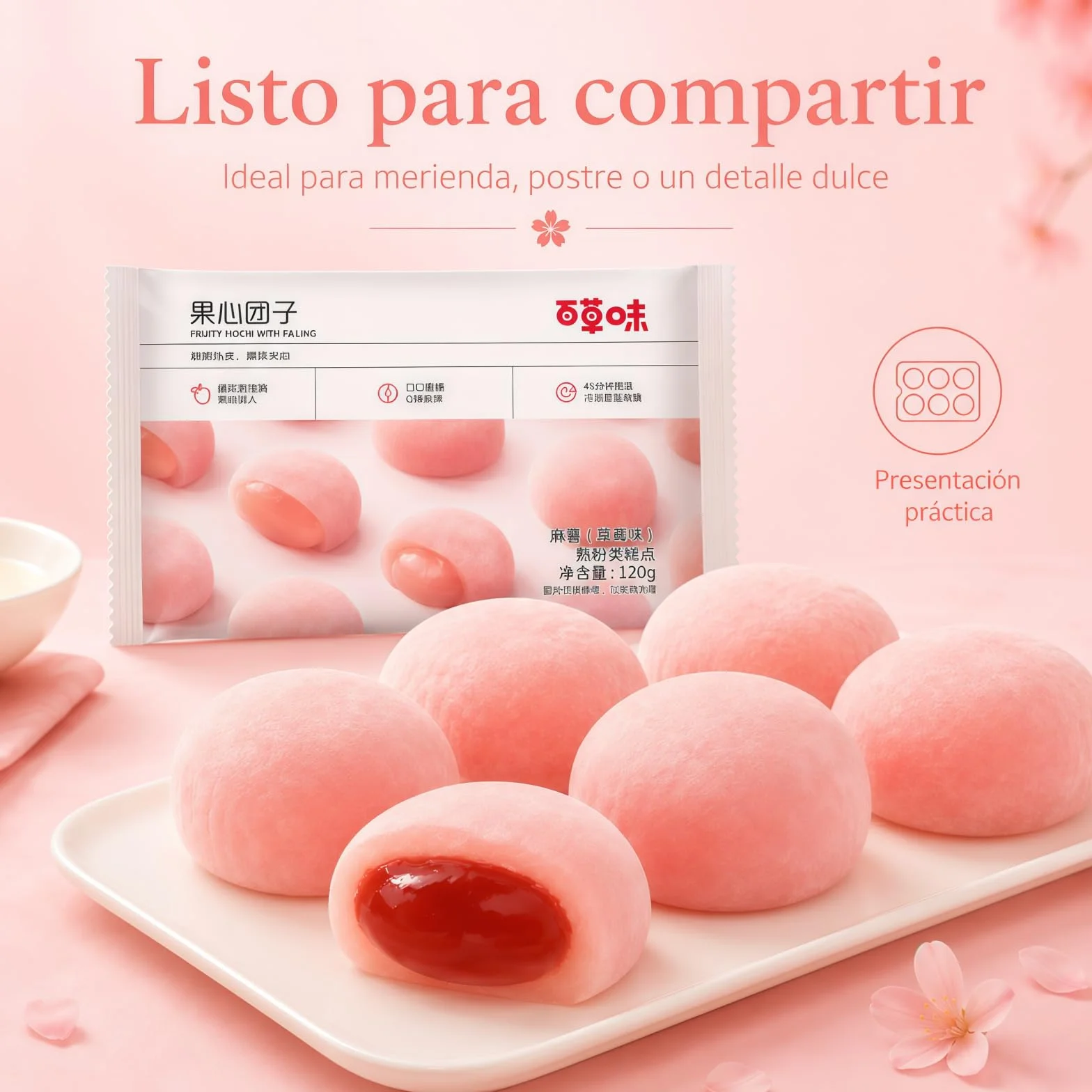 Mochi Asiático De Arroz Glutinoso Dulce Japonés Suave Y Masticable Postre Tradicional Oriental 120 G 6 Unidades Sabor Fresa