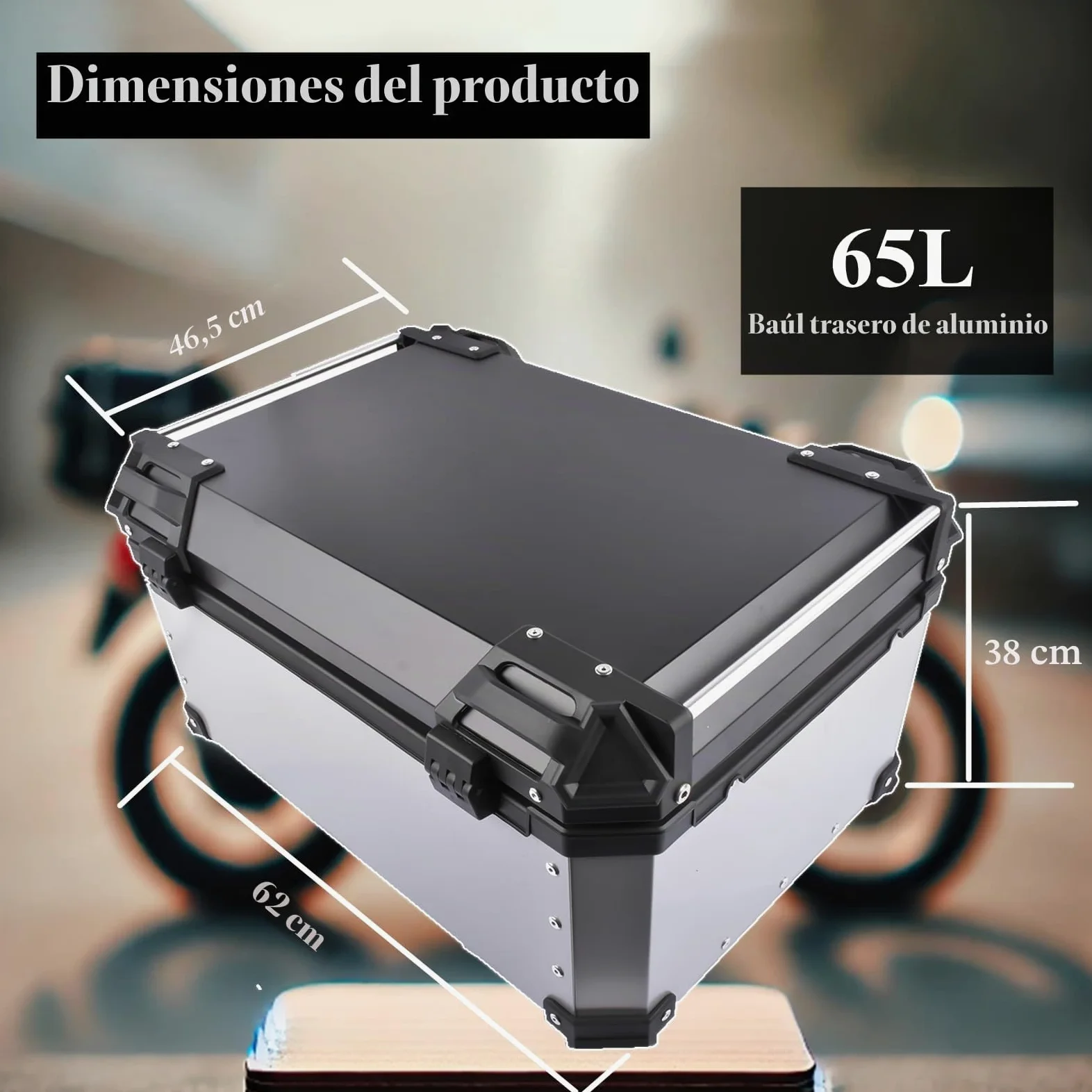 Plata 65L Maletín Superior para Moto, Maletín Universal de Aluminio Impermeable con Cierre de Seguridad para Guardar el Casco