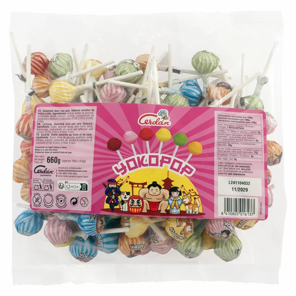 Caramelos Cerdán Mini YokoPop con Palo Sabores Variados Bolsa 100 Unidades Sin Gluten