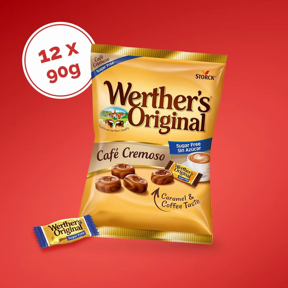 Werther's Original Caramelos Toffee de Mantequilla y Nata Sabor a Café Cremoso Sin Azúcar Pack 12 x 90 g Sin Gluten