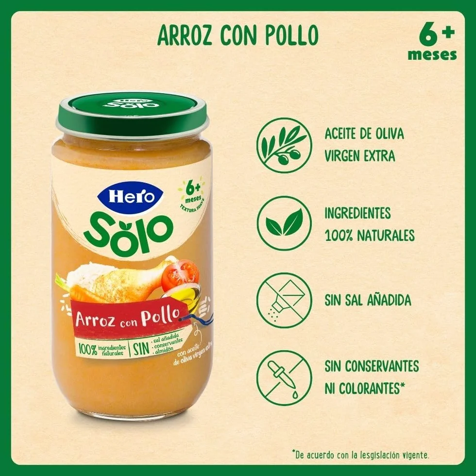 Hero Baby Tarrito Infantil Arroz y Pollo 235g 12 Pack Sin Aceite de Palma Sin Sal Añadida para Bebés desde 6 meses