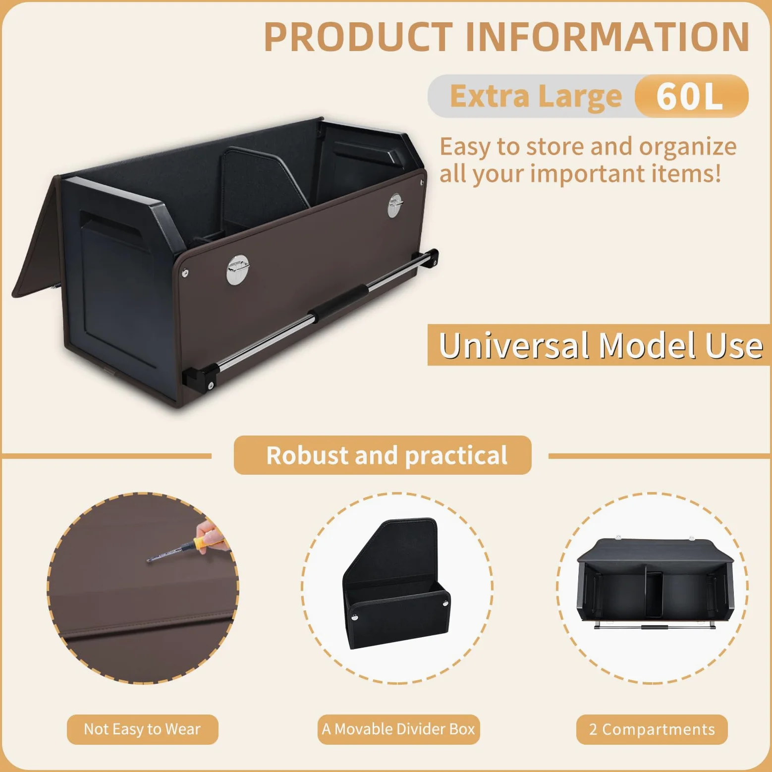 Organizador plegable de cuero para maletero de coche con tapa y asa resistente para SUV, camión, sedán, almacenamiento de coche (marrón, 69 x 29 x 31 cm)