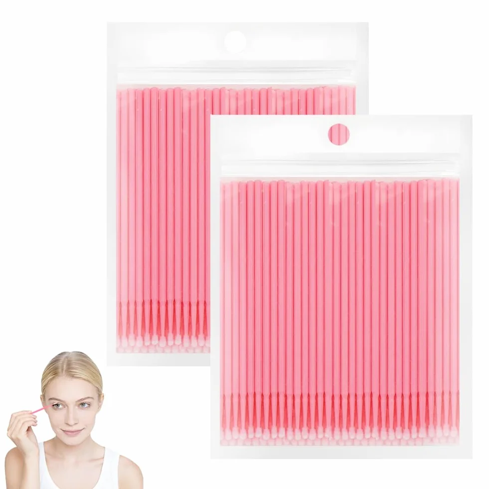200 PCS Microcepillos Aplicadores Desechables, Ultrafeine Microbrush para Extracción de Pestañas y Maquillaje, Rosa