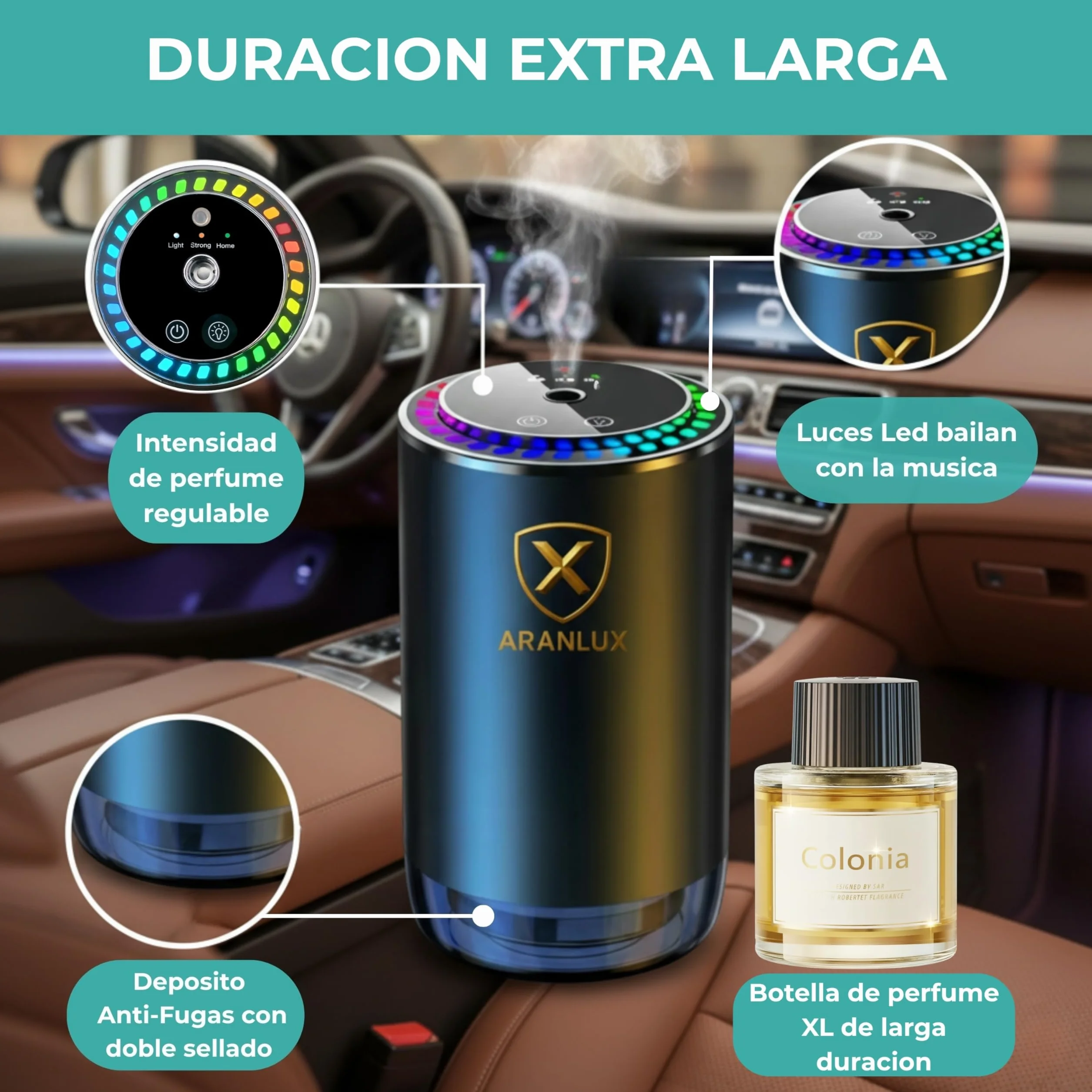 Ambientador de coche eléctrico 50ml - XL Larga duracion, intensidad regulable e ideal para viajes diarios, vacaciones y vehículos profesionales - Ambientador Inteligente para coche(Colonia)