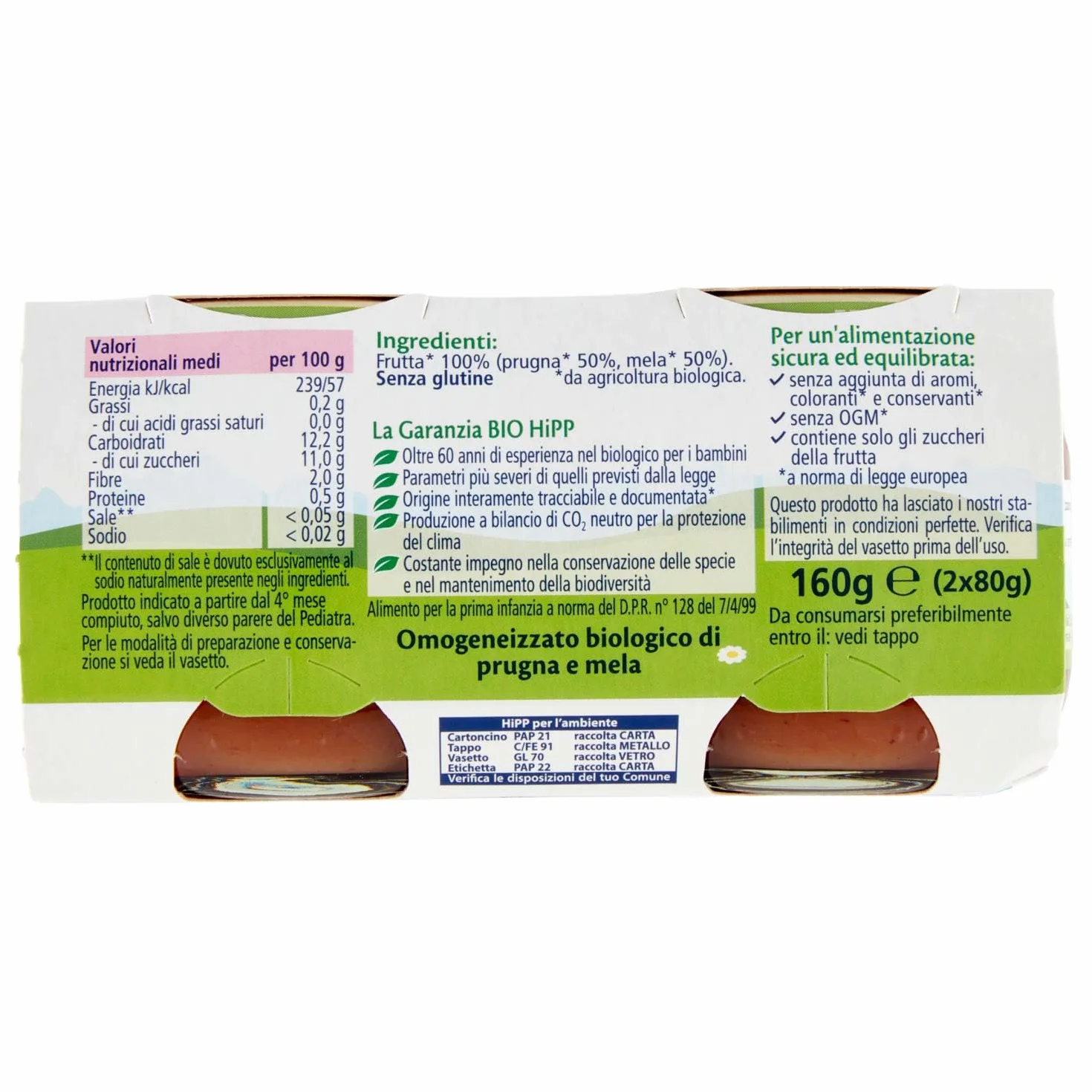 HiPP Omogeneizzato Biologico di Prugna e Mela 4+ Mesi, 2 x 80g