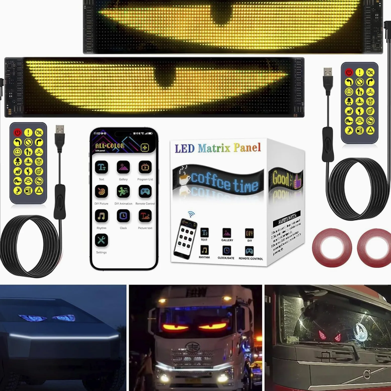 Ojos LED para camiones y coches, gran pantalla flexible programable para coche, bricolaje, LED dinámicos, luz de ojos de colores (2 unidades de 120 x 595 mm)
