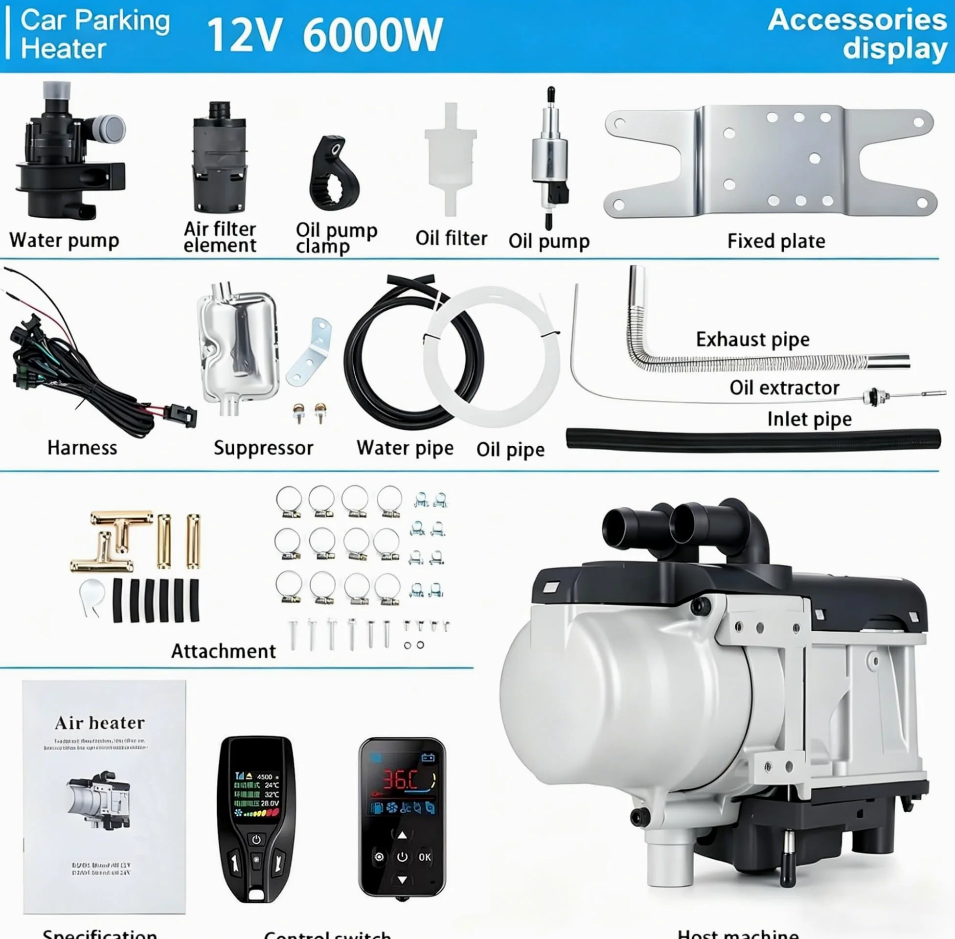 Calefacción Estacionaria de Agua 5,2KW 12V/24V Precalentador de Motor Diesel con Bomba de Agua Silenciosa para Camión Camper Caravana Barco y Vehículos Industriales Kit(24V)