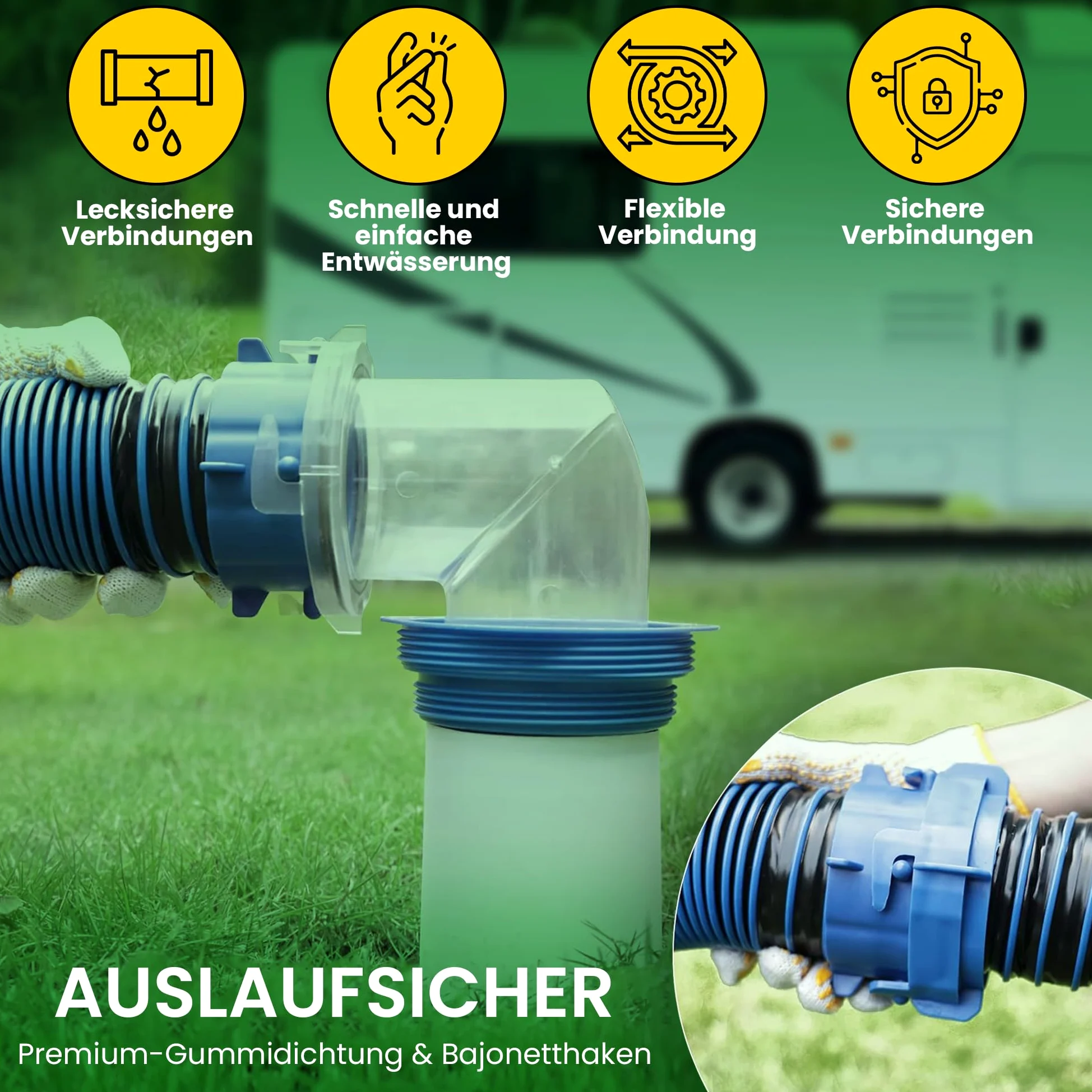 Offgridtec Kit de manguera de alcantarillado para autocaravana, 2 mangueras flexibles de 6 m de 3 m, sistema de conexión rápida, adaptador 4 en 1, codo transparente, conexiones universales de bayoneta
