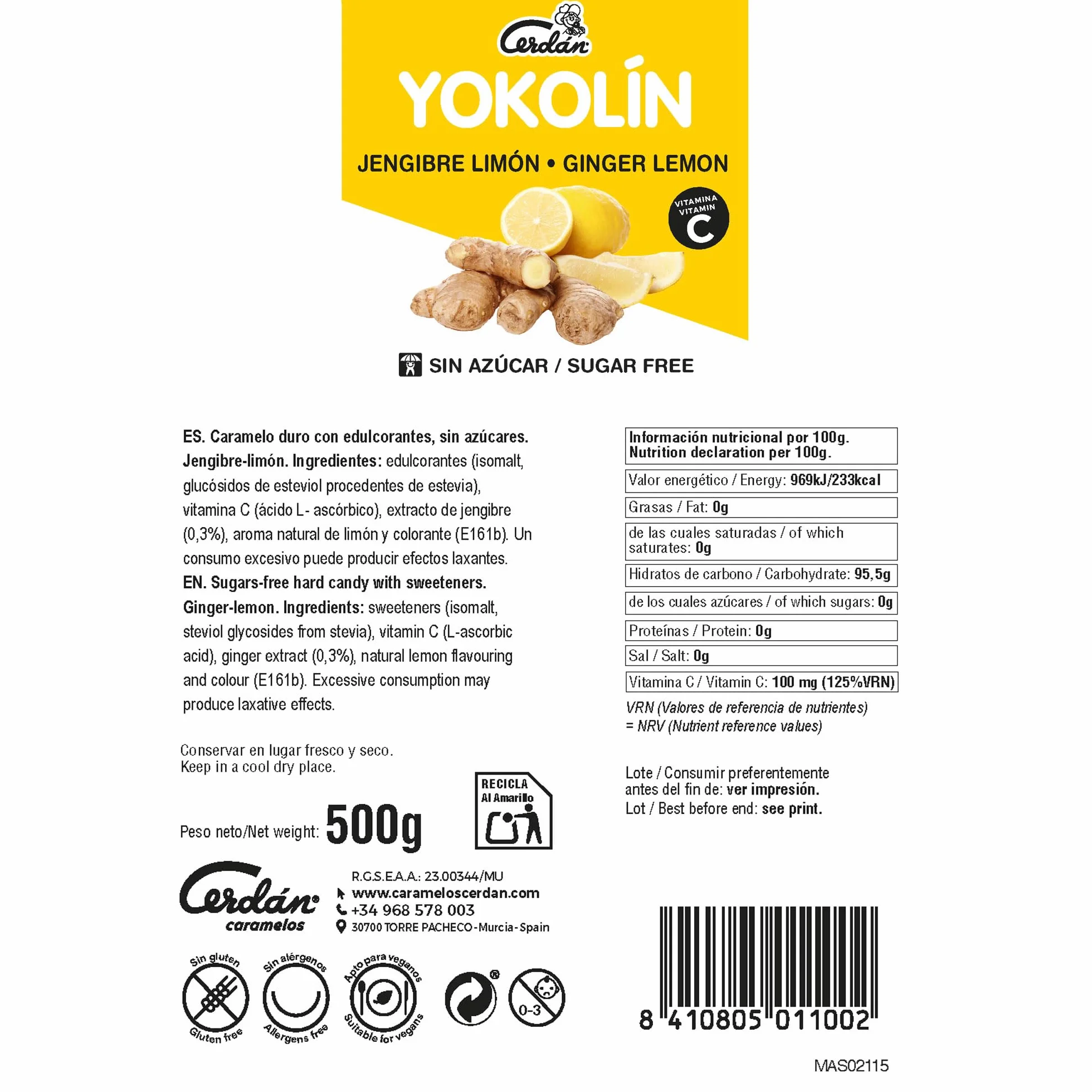 Caramelos Cerdán Yokolín Caramelo sin Azúcar Sabor Jengibre Limón con Vitamina C Bolsa 150 uds 500g Caramelo Duro Sin Gluten