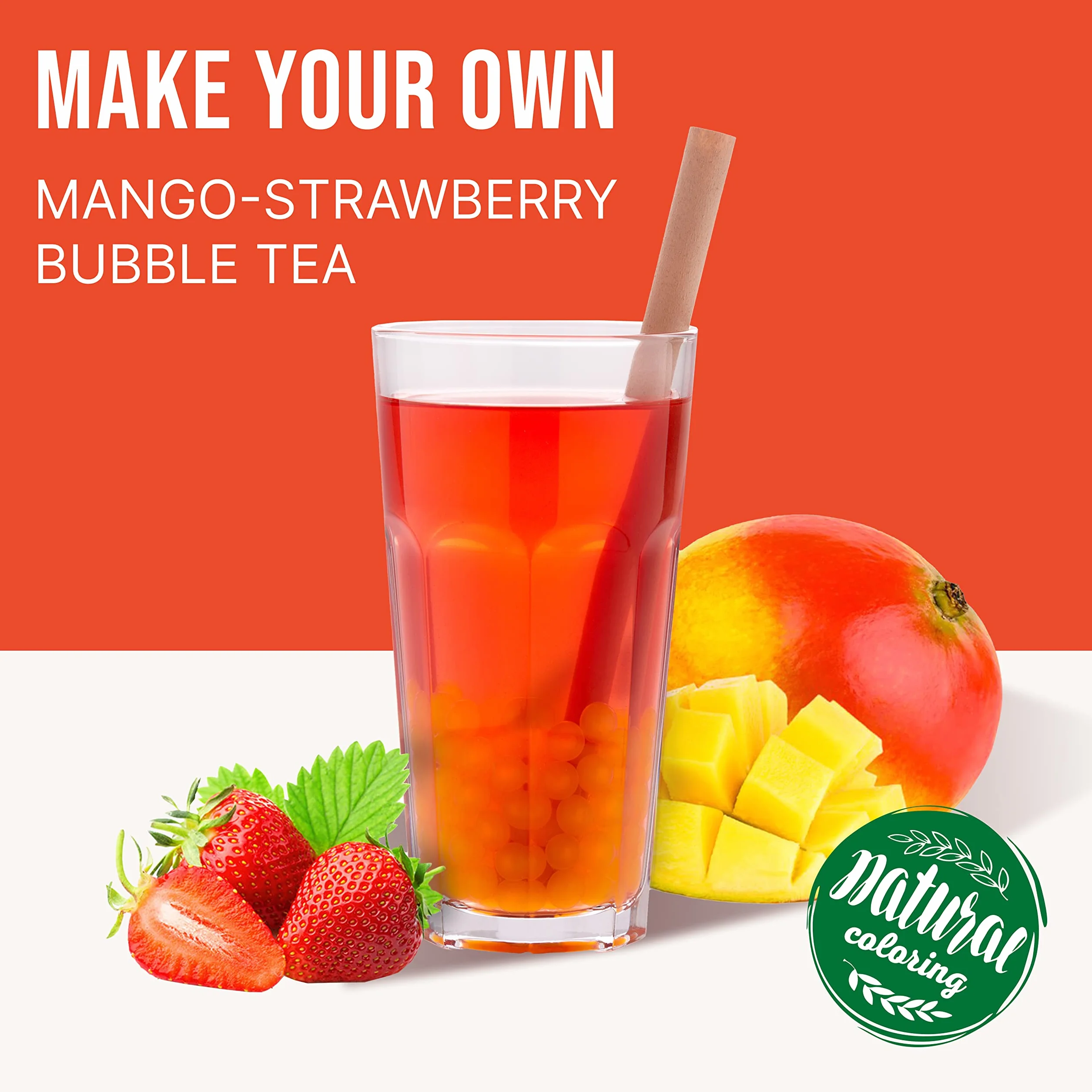 INSPIRE FOOD Set de Perlas de Bubble Tea - Mango Popping Boba 450g, Jarabe de Fresa 300ml, 2 Sorbetes