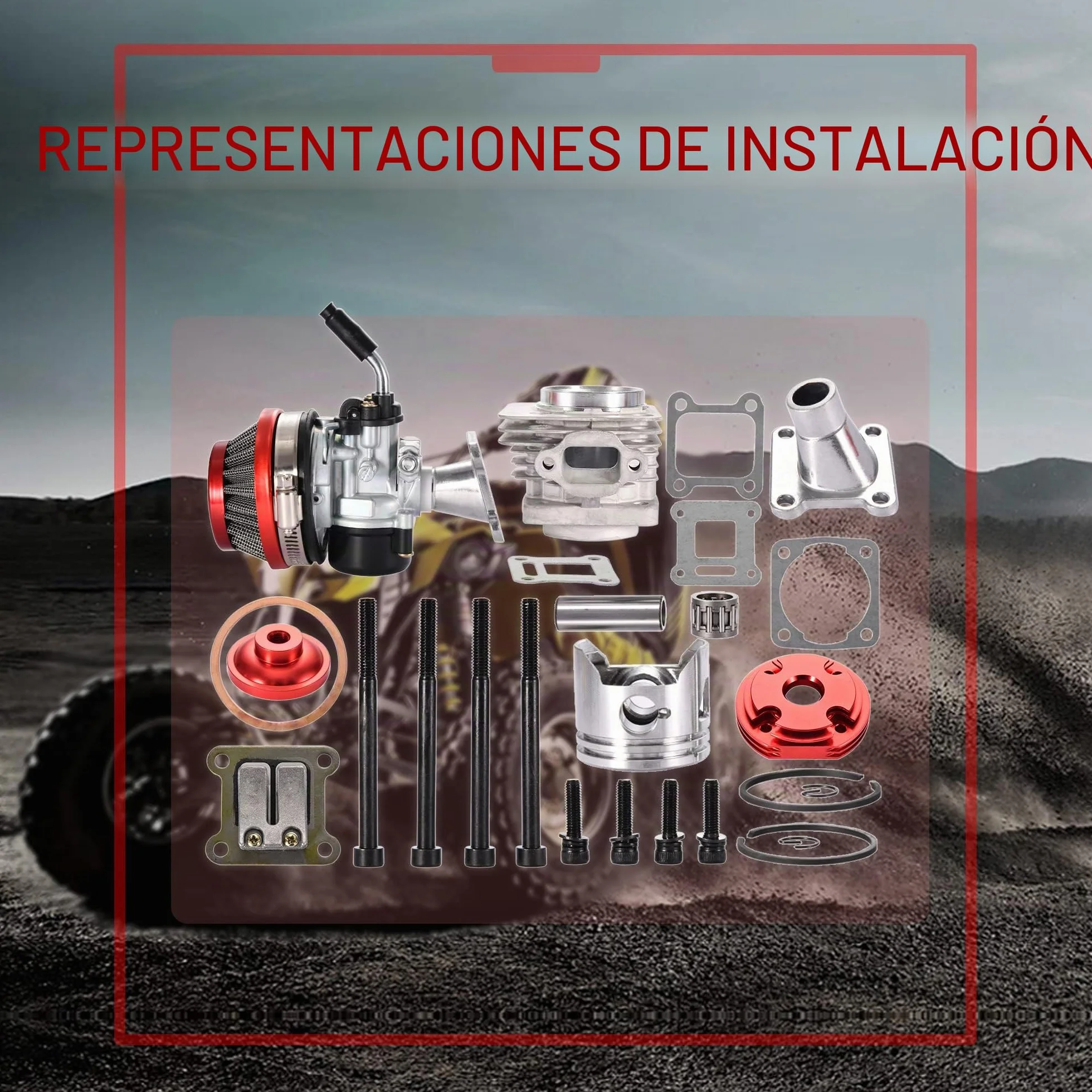 GOOFIT 44mm Cilindro Carburador Filtro de Aire Bobina de Encendido Conjunto de Gran Orificio Kit Superior de Pistón Reemplazo para 47cc 49cc 50cc 53cc 54cc Bolsillo Bicicleta ATV CRX50 Coyote Rojo