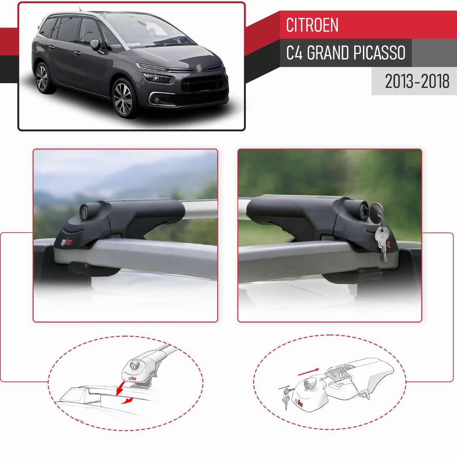 Compatible con Citroen C4 Grand Picasso 2013-2018 Ace-1 Barras de Techo Auto Portaequipajes Barras Transversales Gris Aluminio 2 Barras