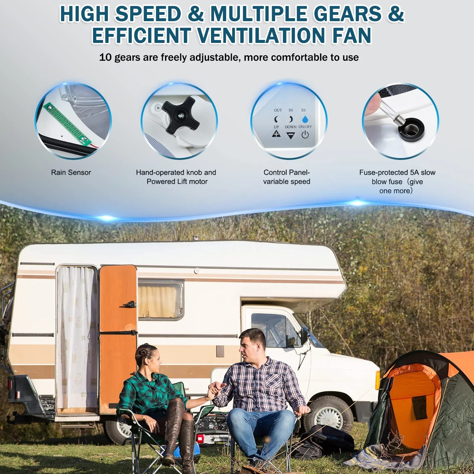 Ventilador de ventilación Autocaravana 12V Claraboya 40x40cm Techo solar 10 Velocidades Flujo Bidireccional