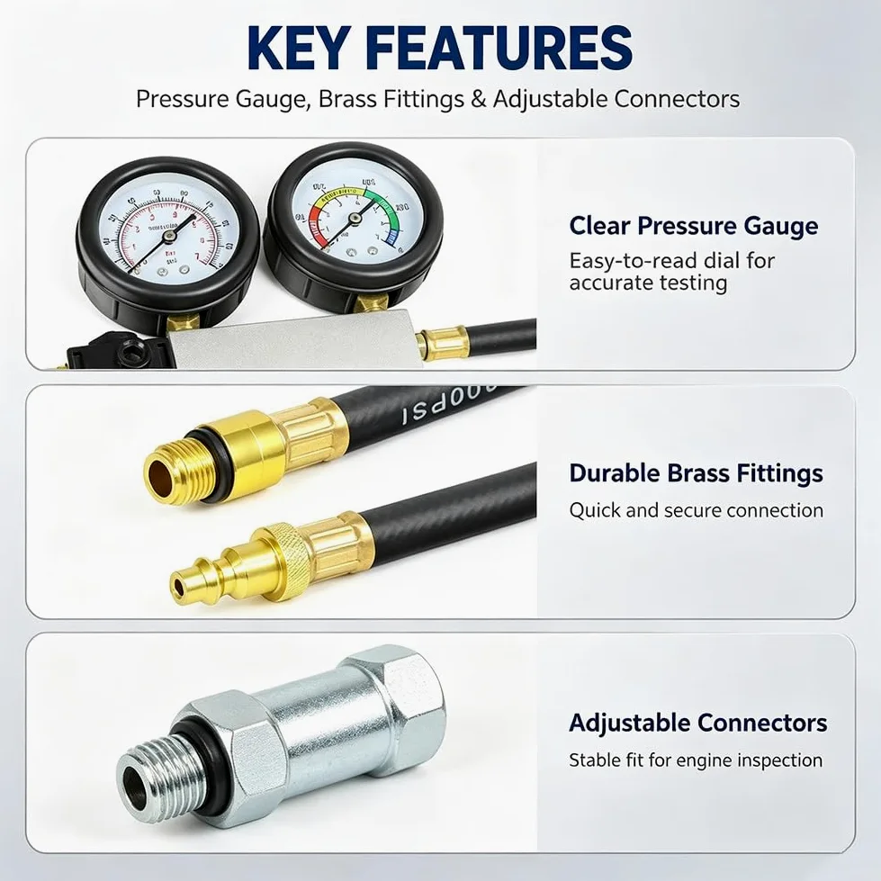 10PCS Comprobador de Compresión y Fugas, Probador de Compresión Automotriz | Para Motores de Gasolina y Diésel,Medidor de Presión de Fugas de Cilindros