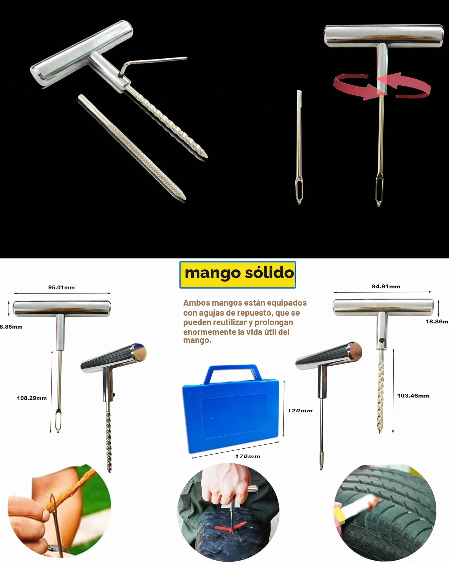 53PCS Kit Repara Pinchazos Herramienta, kit de Reparación para Neumáticos Pesados, kit de emergencia portátil de reparación rápida de neumáticos para coches, todoterrenos, moto y más
