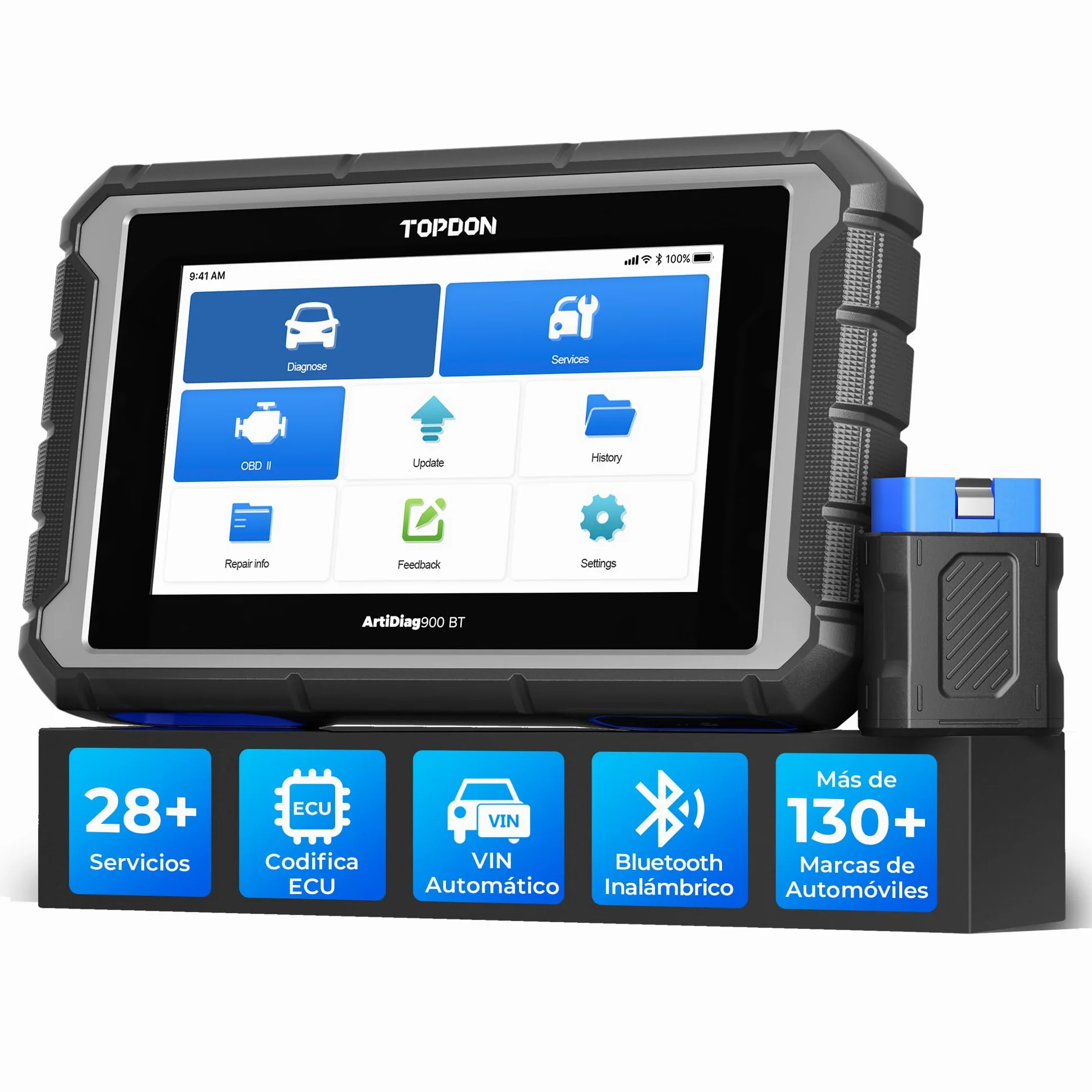 TOPDON OBD2 Diagnosis Coche AD900BT, Codificación ECU, Control Bidireccional, 28+ Servicios, Escáner de Sistema Completo, para Todos los Vehículos con FCA, 2 Años de Actualizaciones Gratuitas