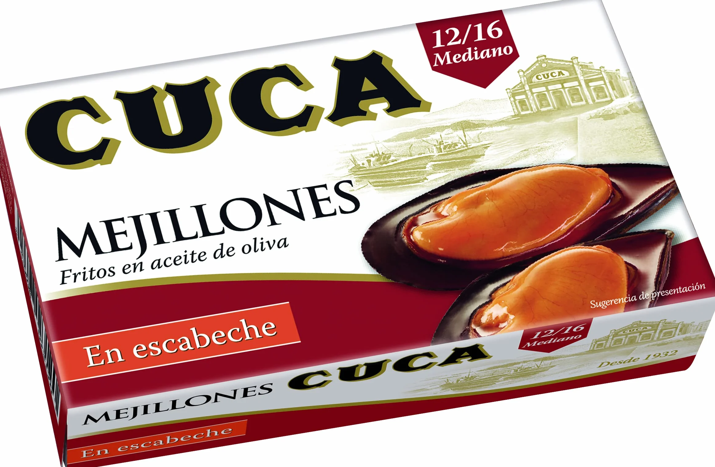 Mejillones Cuca en escabeche 5 latas 115gr pack 12/16 piezas tamaño mediano