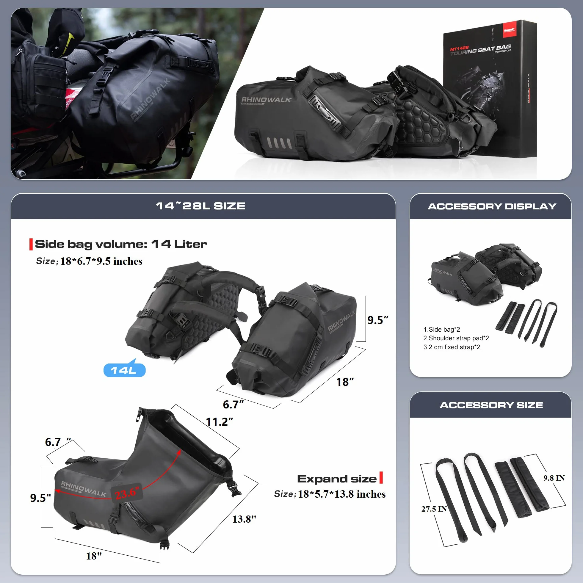 Rhinowalk Bolsas de Sillín de Motocicleta Impermeables Anti-Vibración Bolsas Laterales de Hombro 28L(14L*2) para la mayoría de los bastidores de Motocicletas Deportivas, 1 Par