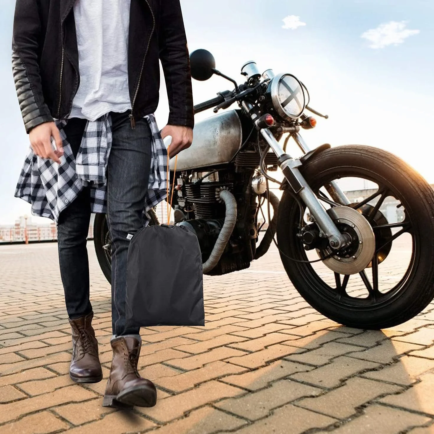 Funda Moto Impermeable para Exterior Interior, 300D Cubierta de Motocicleta Scooter Moped con 5 Tiras Reflectantes y 2 Orificios para Cerradura, 2 Hebillas de fijación (L: 220 x 95 x 110 cm)