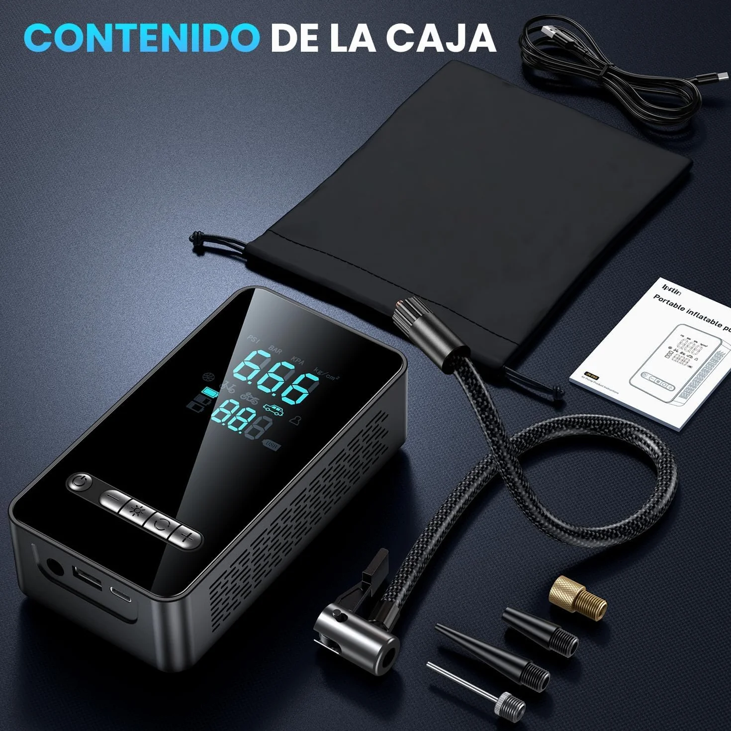 Inflador Eléctrico Portátil 150PSI con Parada Automática, Hinchador de Ruedas para Coche Moto Bicicleta