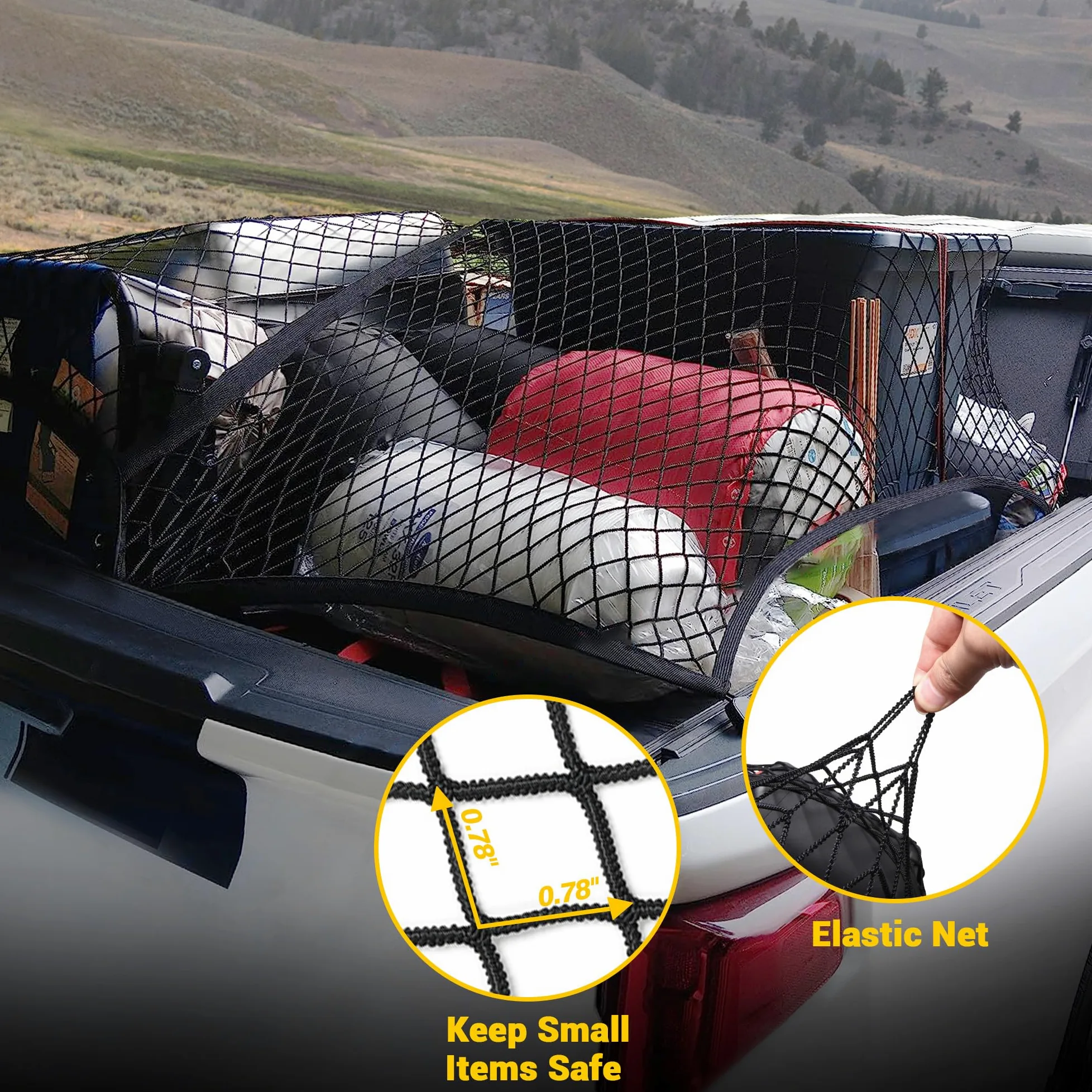 Bumbee Red de Carga para Cama de camión, elástica hasta 7 pies x 7 pies, Malla pequeña, Organizador de Almacenamiento Duradero para camioneta, Maletero, SUV, Barco