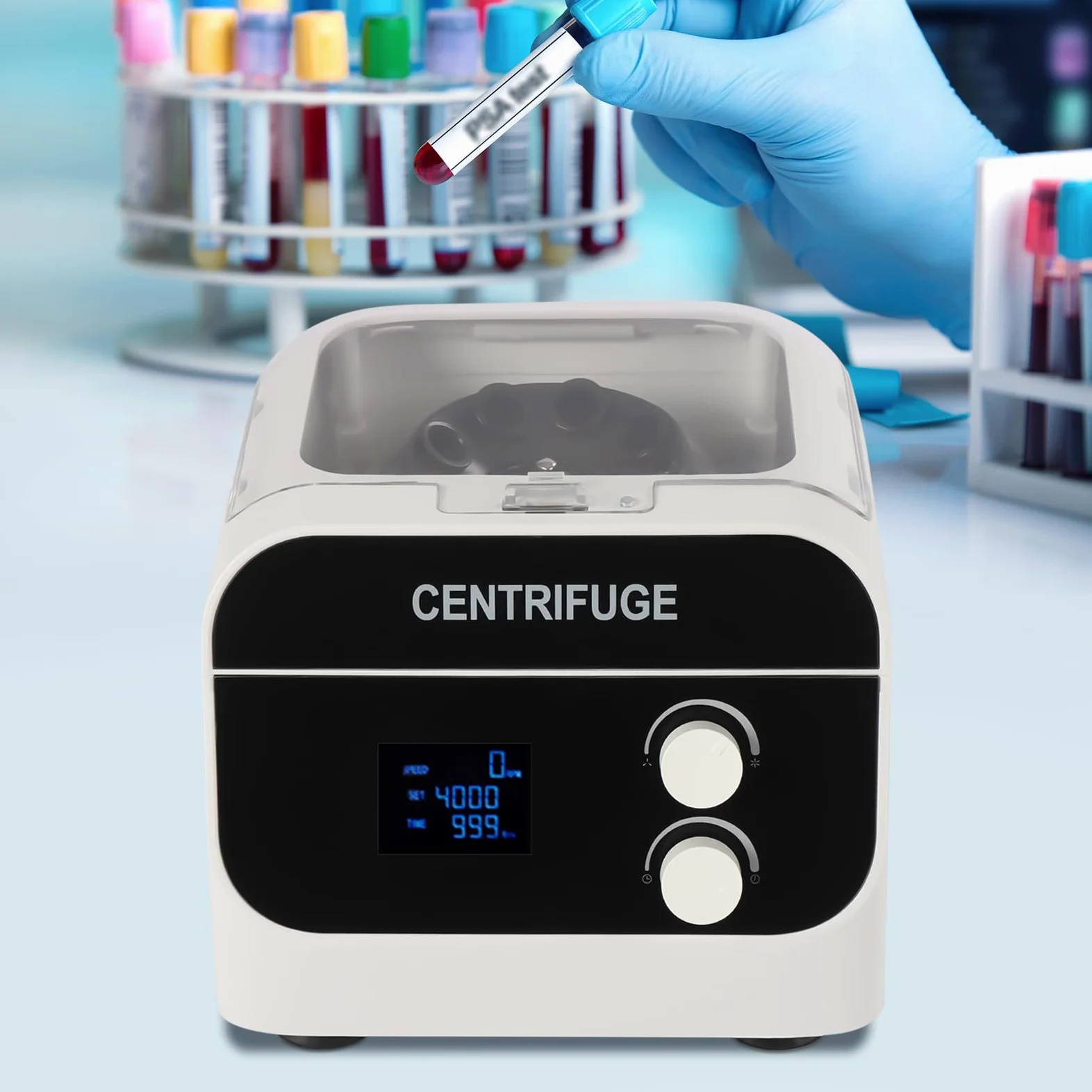 Centrífuga de laboratorio 8 x 20 ml, 0 – 4000 rpm, pantalla digital LCD, temporizador 0 – 999 min, silenciosa y compacta, tapa de seguridad, pies antideslizantes, para sangre, bioquímica, extracción
