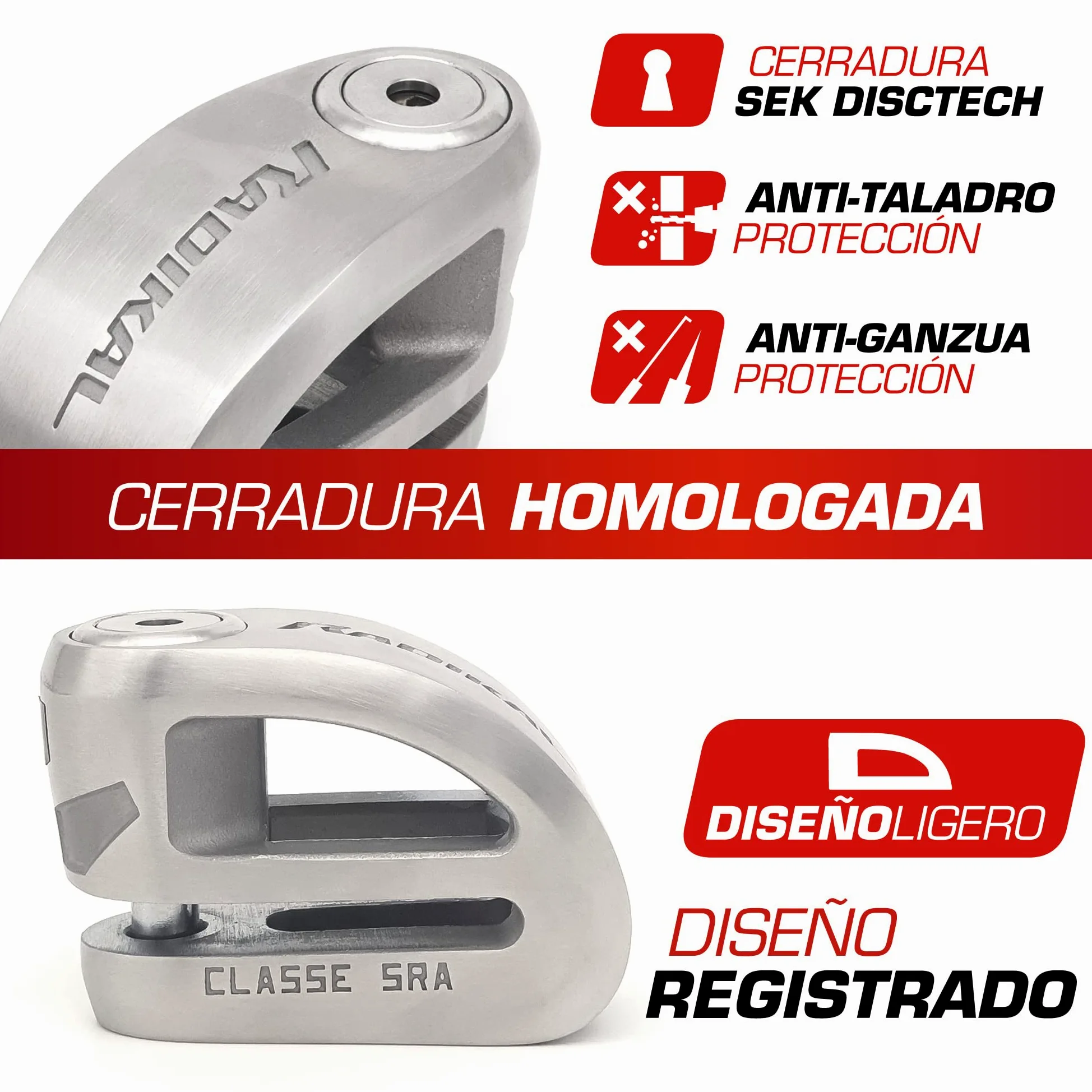 RADIKAL RK310S Candado Moto Premium, Antirrobo Disco Homologado SRA, Testado Doble Bloqueo ø10mm, Exclusivo Diseño Doble Puente, Cerradura Alta Seguridad, Acero Inoxidable, Cepo Pinza Motos y Scooter