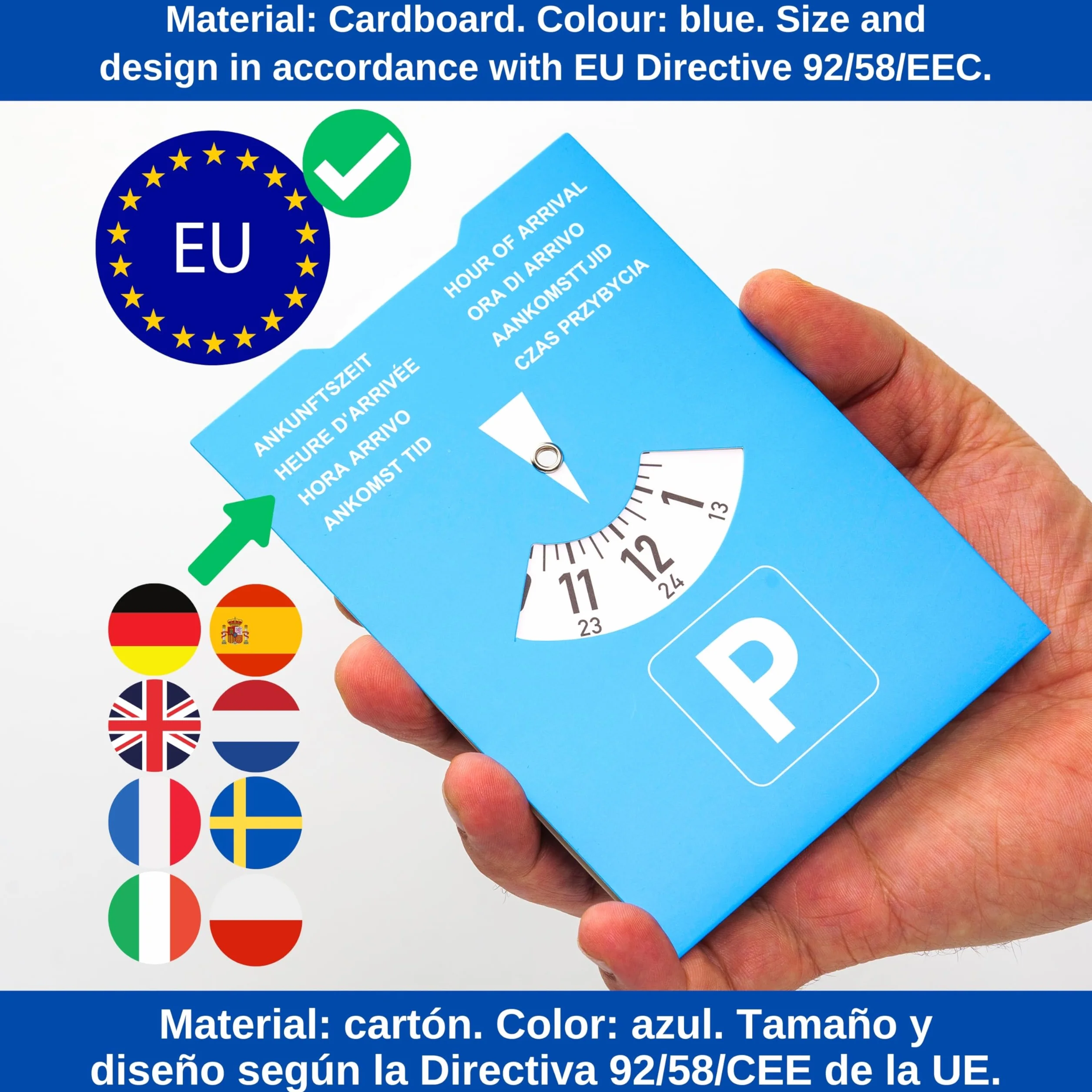 Disco de aparcamiento, 2 piezas, en azul, de papel, ajustable por las dos caras, parquímetro con ocho idiomas, para coche, camión, autocaravana, Parking Disc Blue, discos de aparcamiento