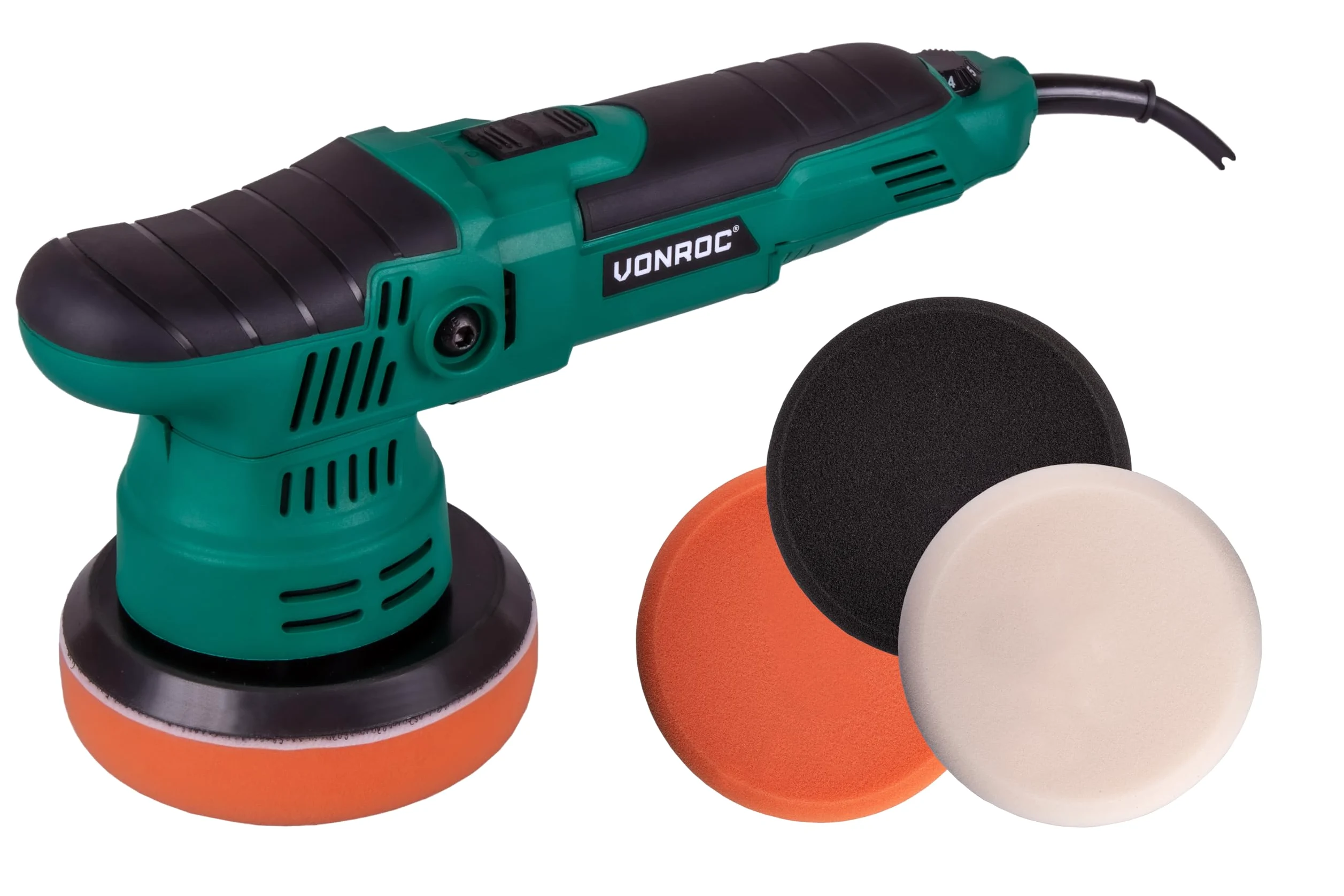VONROC Pulidora de doble acción 650W - Ø125mm - Arranque suave - Velocidad constante - Incluye 4 almohadillas de pulido