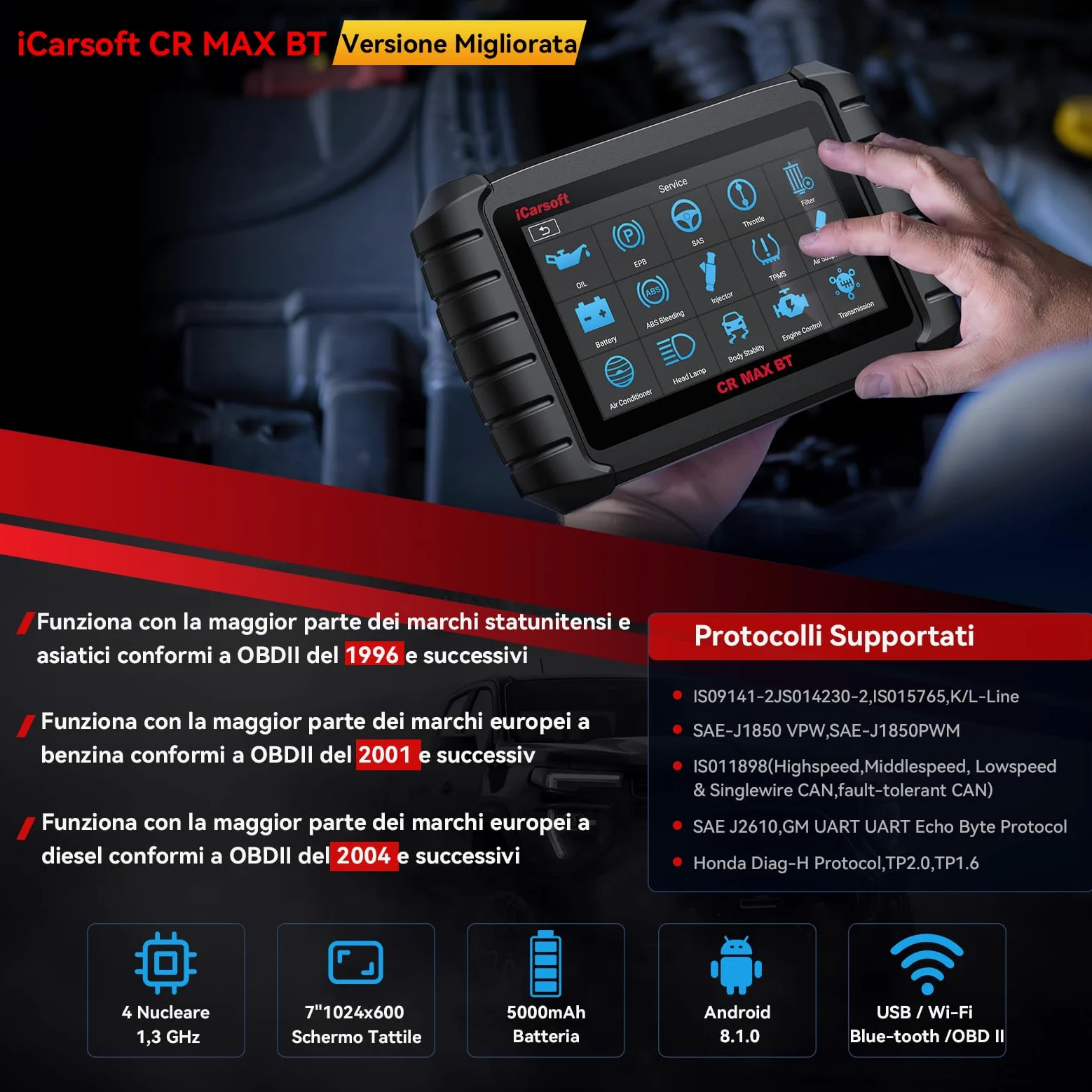 iCarsoft CR MAX BT OBD2 Máquina Diagnosis Coche Multimarca, Escáner de Todo el Sistema, 49 Funciones Reinicio+46 Servicios Adicionales, 40000+ Pruebas Activas, Codificación ECU, Vin Automático, CANFD