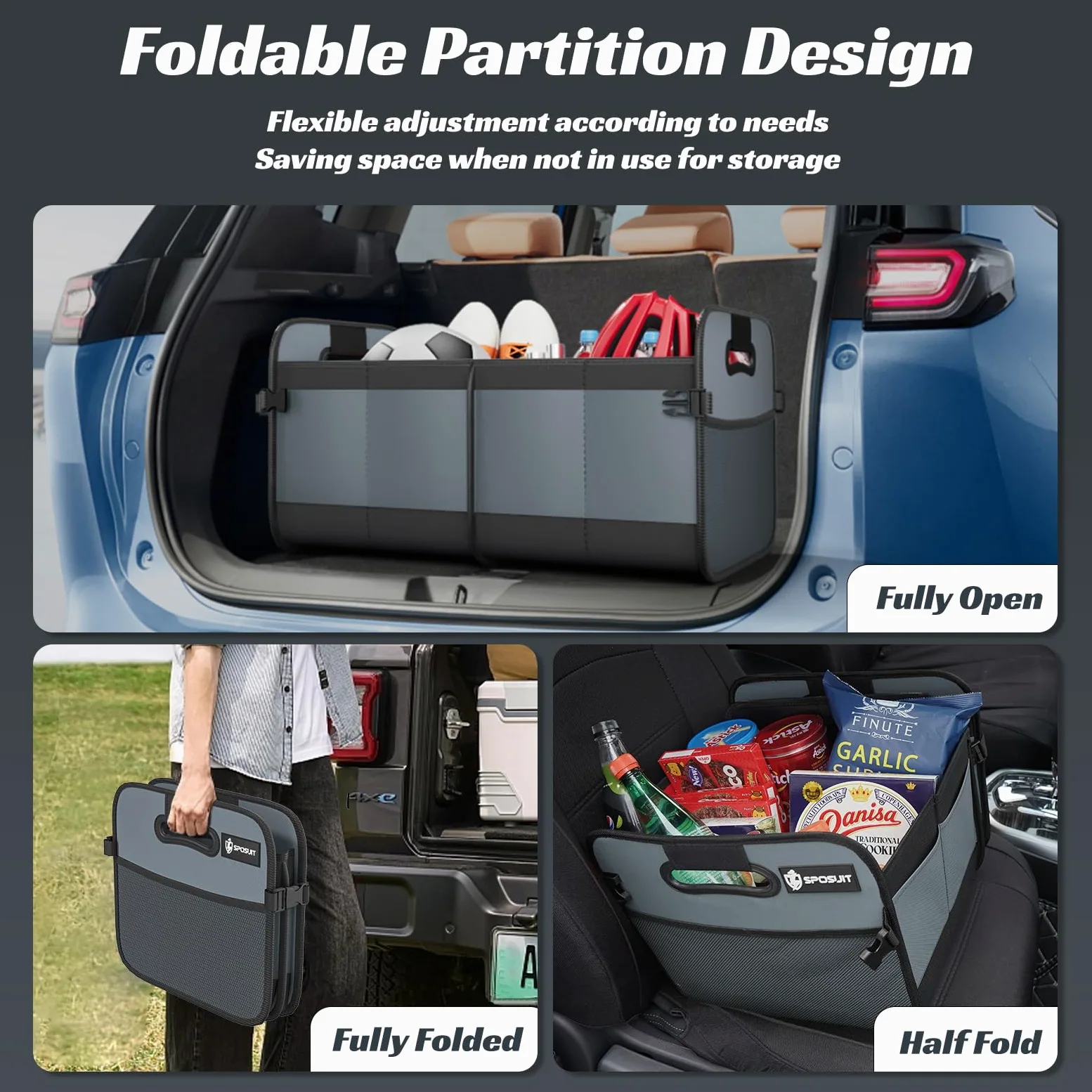 Sposuit Organizador de maletero para coche, plegable, 70 L, con 11 bolsillos y asas reforzadas, organizadores de maletero para SUV para carga de comestibles (gris)