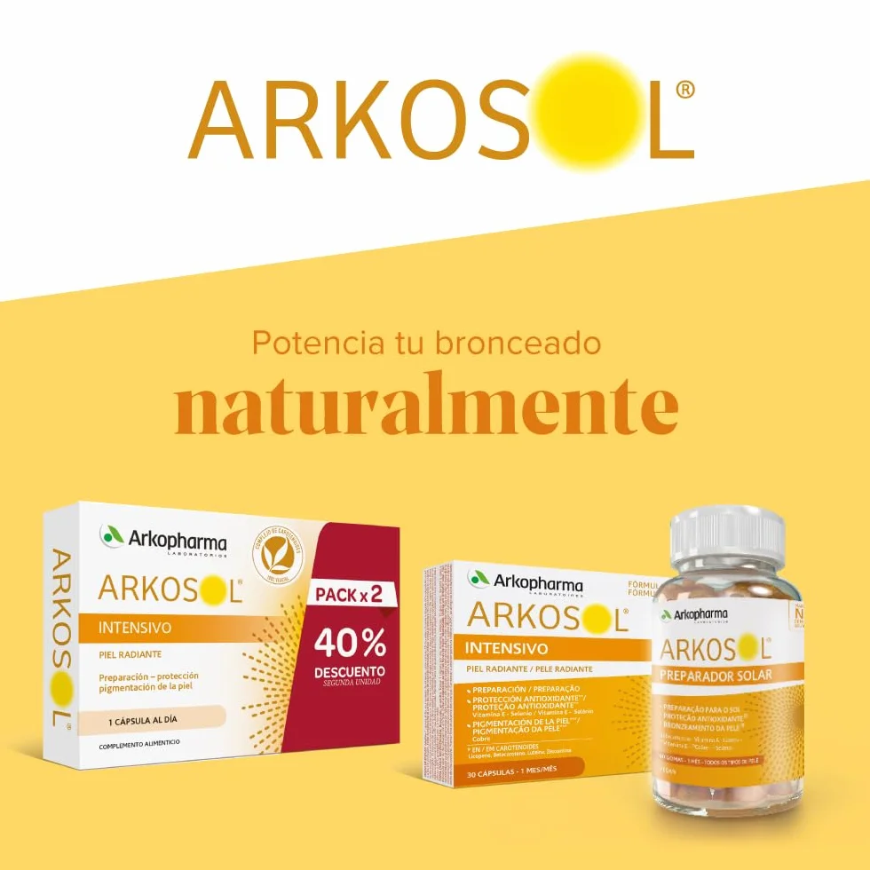 Arkopharma Arkosol Intensivo 30 Perlas Betacarotenos Cobre Vitamina E Selenio Complemento Alimenticio Preparar Piel para el Sol