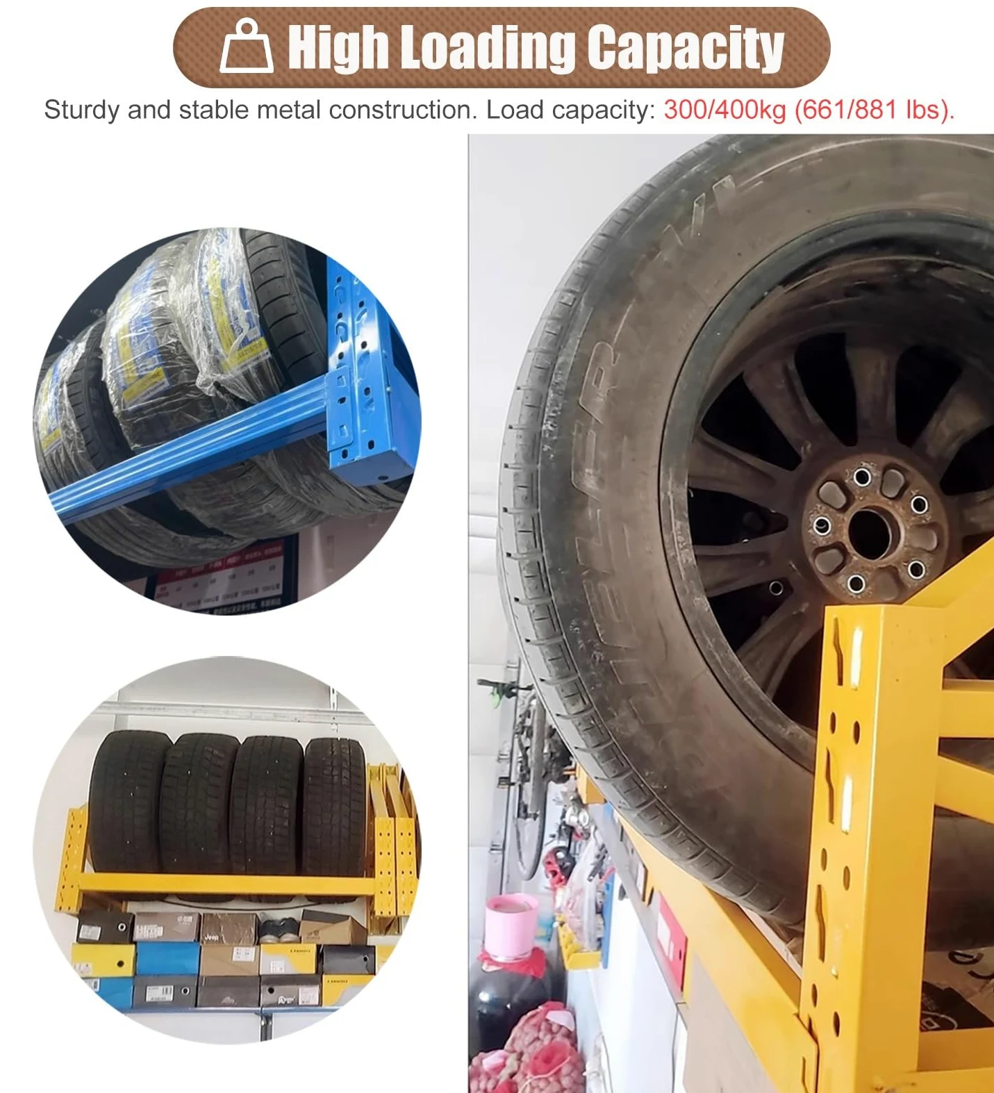 Estante de almacenamiento de neumáticos resistente para montaje en pared, soporte para neumáticos de garaje, estante organizador colgante de metal para sótano y tienda