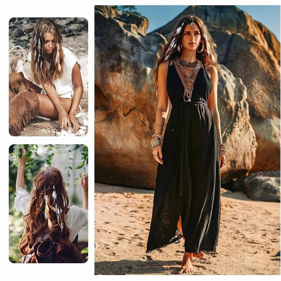 Boho Hippie Clips Cabello Plumas, 6PCS Mujer Pluma Extensiones, Accesorios Festival Halloween
