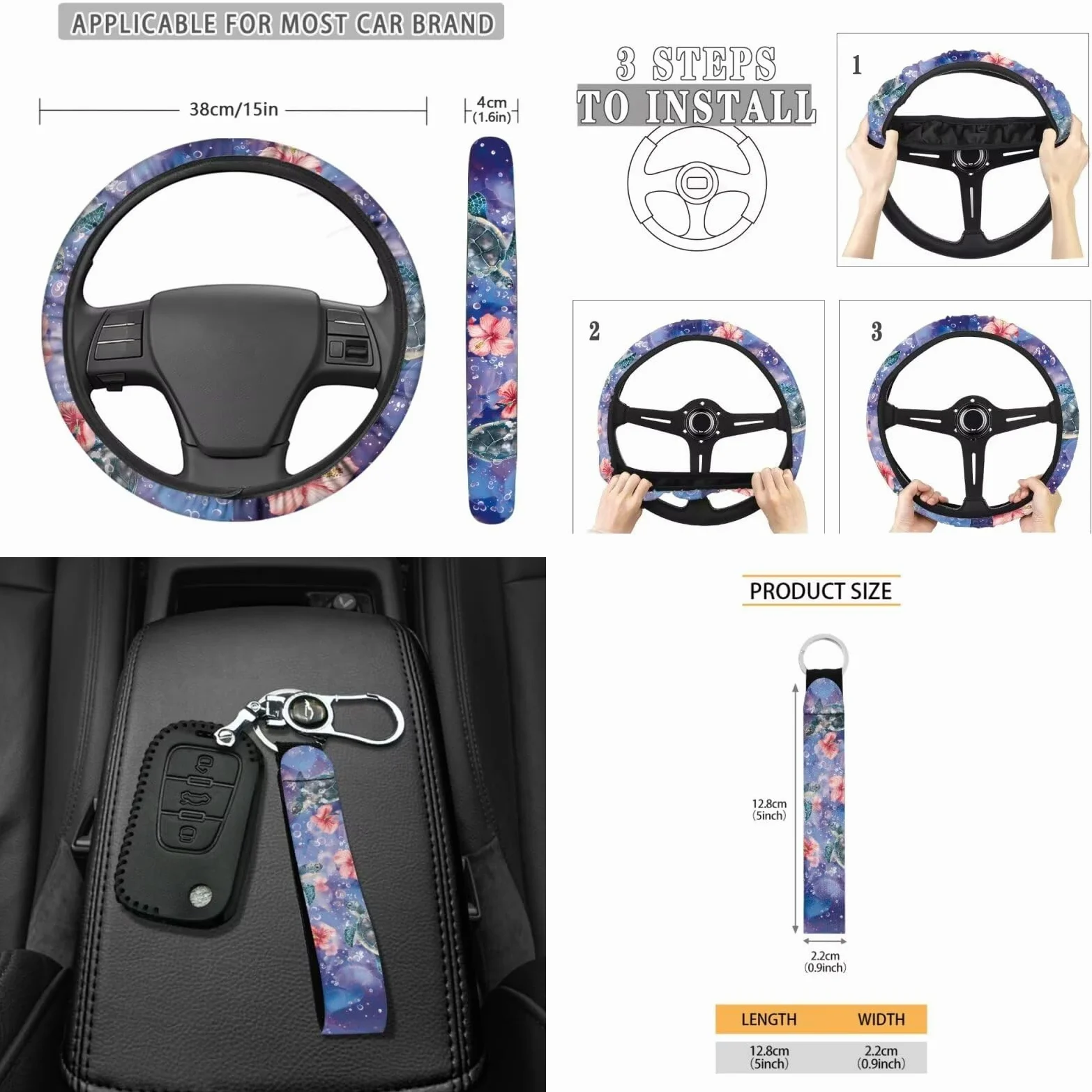 Juego de 15 fundas para volante, cojín para cinturón de seguridad, soporte para gafas de sol, soporte para espejo retrovisor, llavero y accesorios de coche