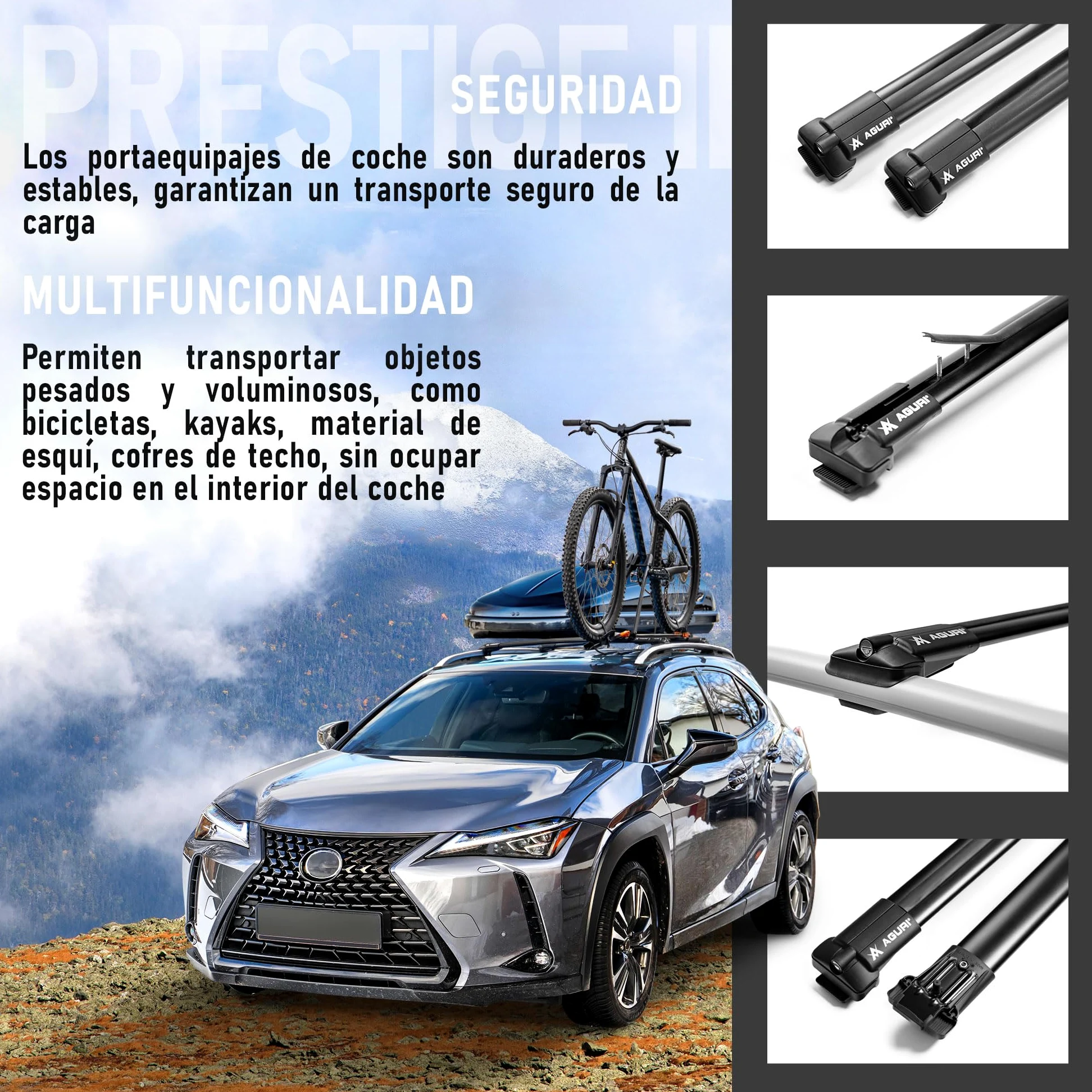 AGURI Prestige II | Compatible con Volkswagen T-Roc 2017+ | Portaequipajes de Techo, Barras de Techo | Destinado a Poner Cofres, Soportes y Escaleras | Construcción Ligera y Resistente de Aluminio