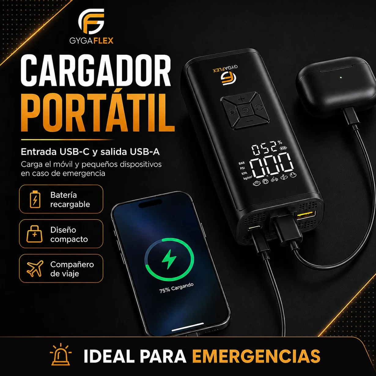 Inflador Ruedas Coche 30L/Min, Compresor Aire Portátil 150 PSI/10,3 Bar, Batería Recargable y Cable 12V 3M, Manómetro Digital, Apagado Automático, LED SOS, para Coche Moto Bicicleta Pelotas