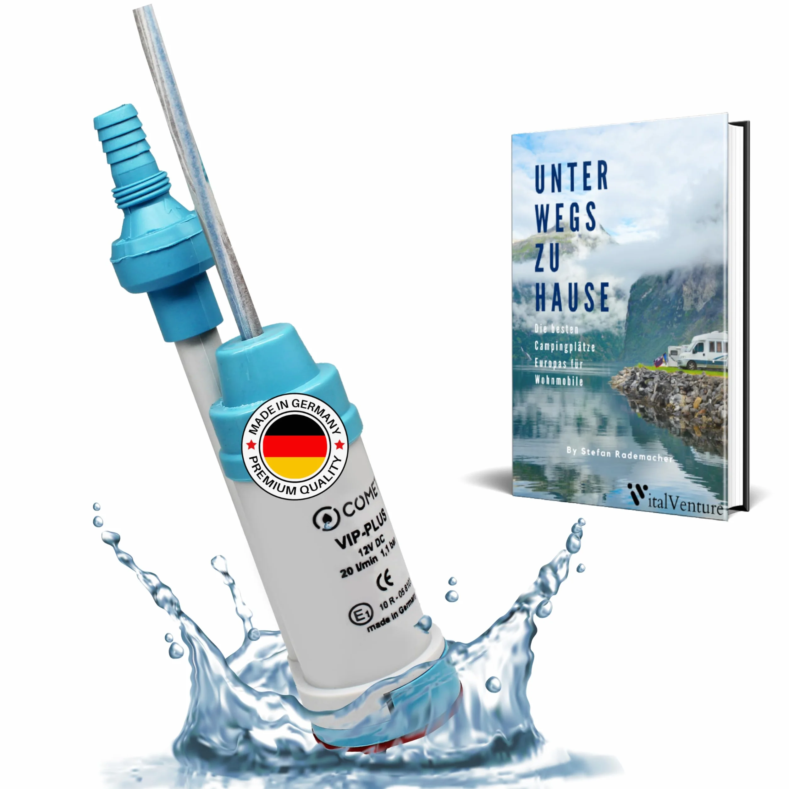 Comet VipPlus - Bomba de agua con válvula antirretorno (fija) + filtro con set de libro electrónico para camping, para autocaravanas, caravanas - bomba sumergible de 12 V