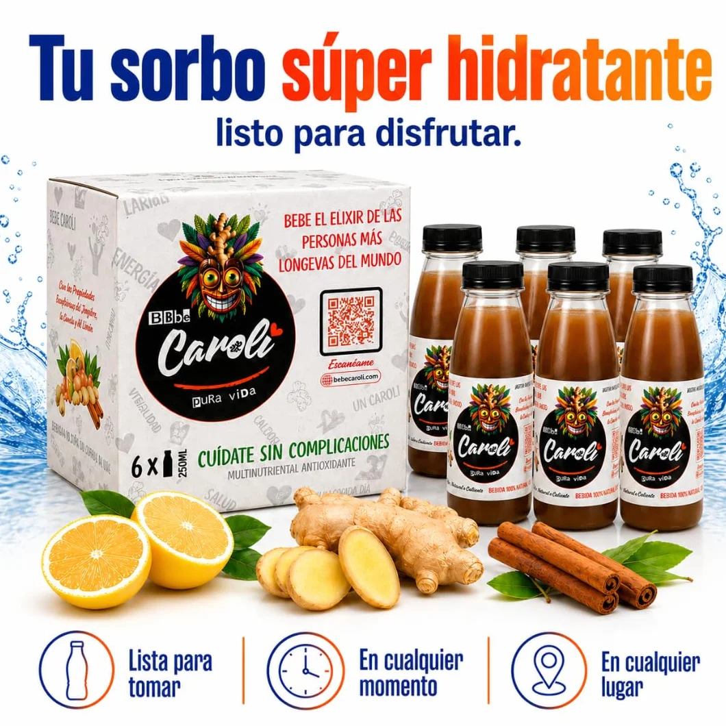CAROLI Bebida de jengibre limón y canela Refresco natural Sin gas Sin azúcares Sin alcohol Digestiva Antiinflamatoria Antioxidante Hidratante Ginger 6x230ml