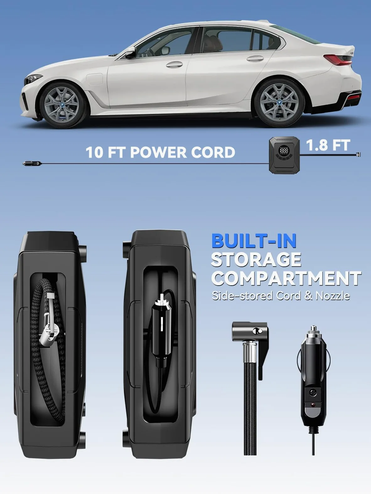 Compresor de aire portátil de inflado rápido, bomba de aire eléctrica de 150 PSI con apagado automático y visualización LED, bomba de aire de 12 V CC para coche, bicicleta, motocicleta
