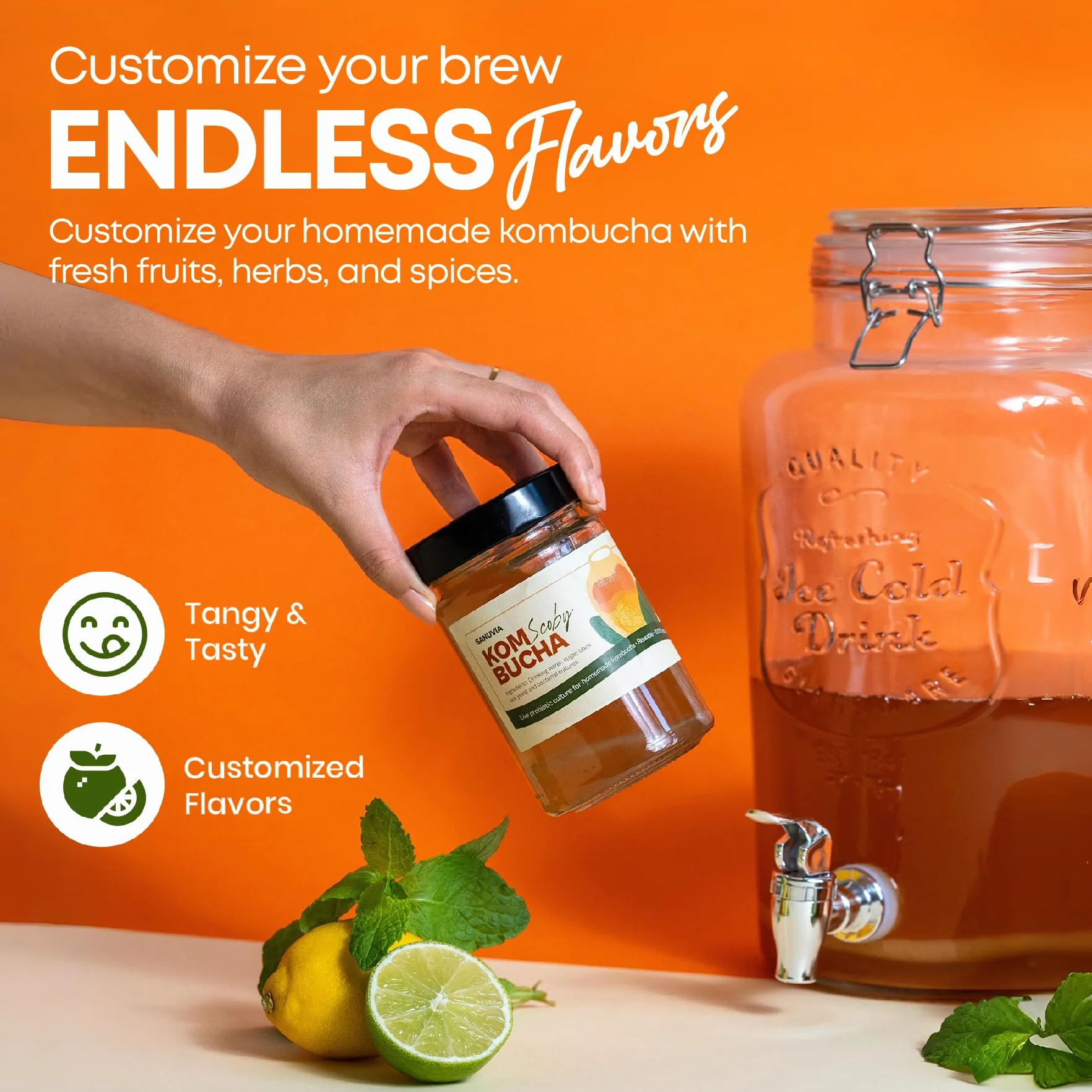 SANUVIA Kombucha SCOBY Starter Culture – Hongo de té con 300 ml de té iniciador en frasco de vidrio – Vegano, cultivo vivo, reutilizable